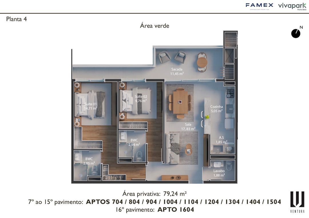 Planta 4 · finais 04 (704 ao 1504, 1604) · 79,24 m² · Ventura · Vivapark Porto Belo