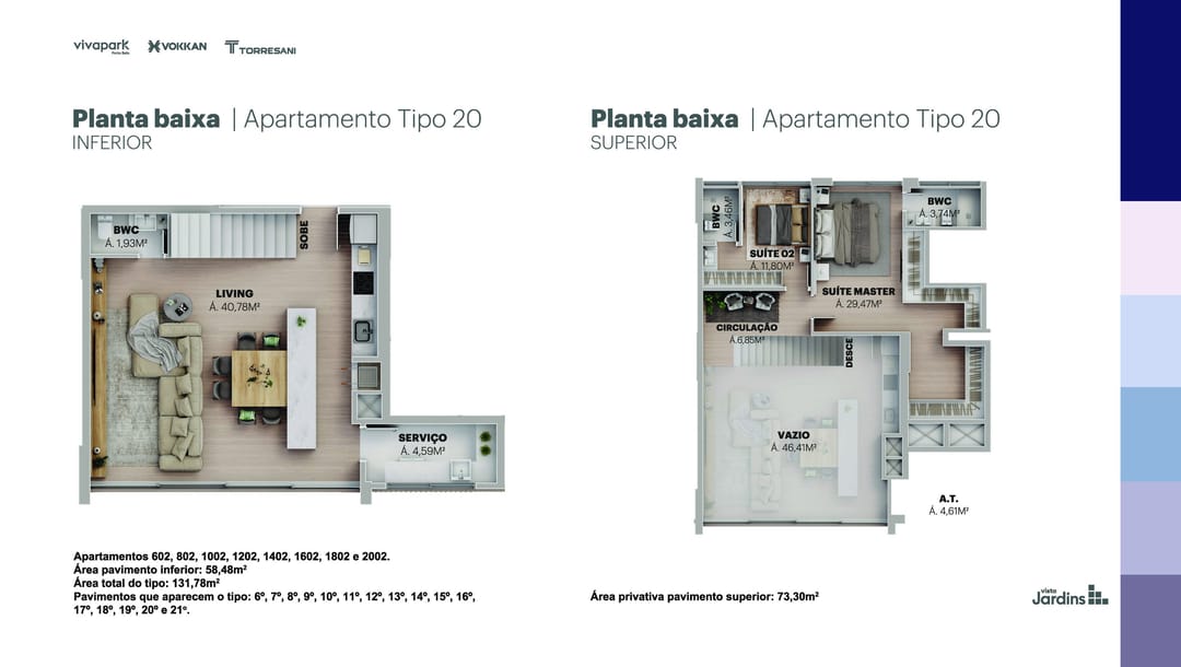 Planta da construtora · Tipo 20 · 131,78 m² · Vista Jardins · 1802 · Vivapark Porto Belo