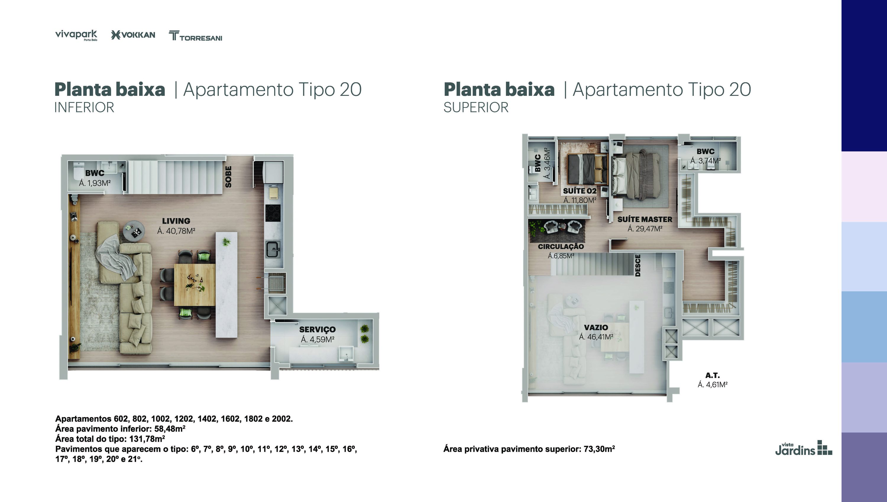 Planta da construtora · Tipo 20 · 131,78 m² · Vista Jardins · 418G · Vivapark Porto Belo