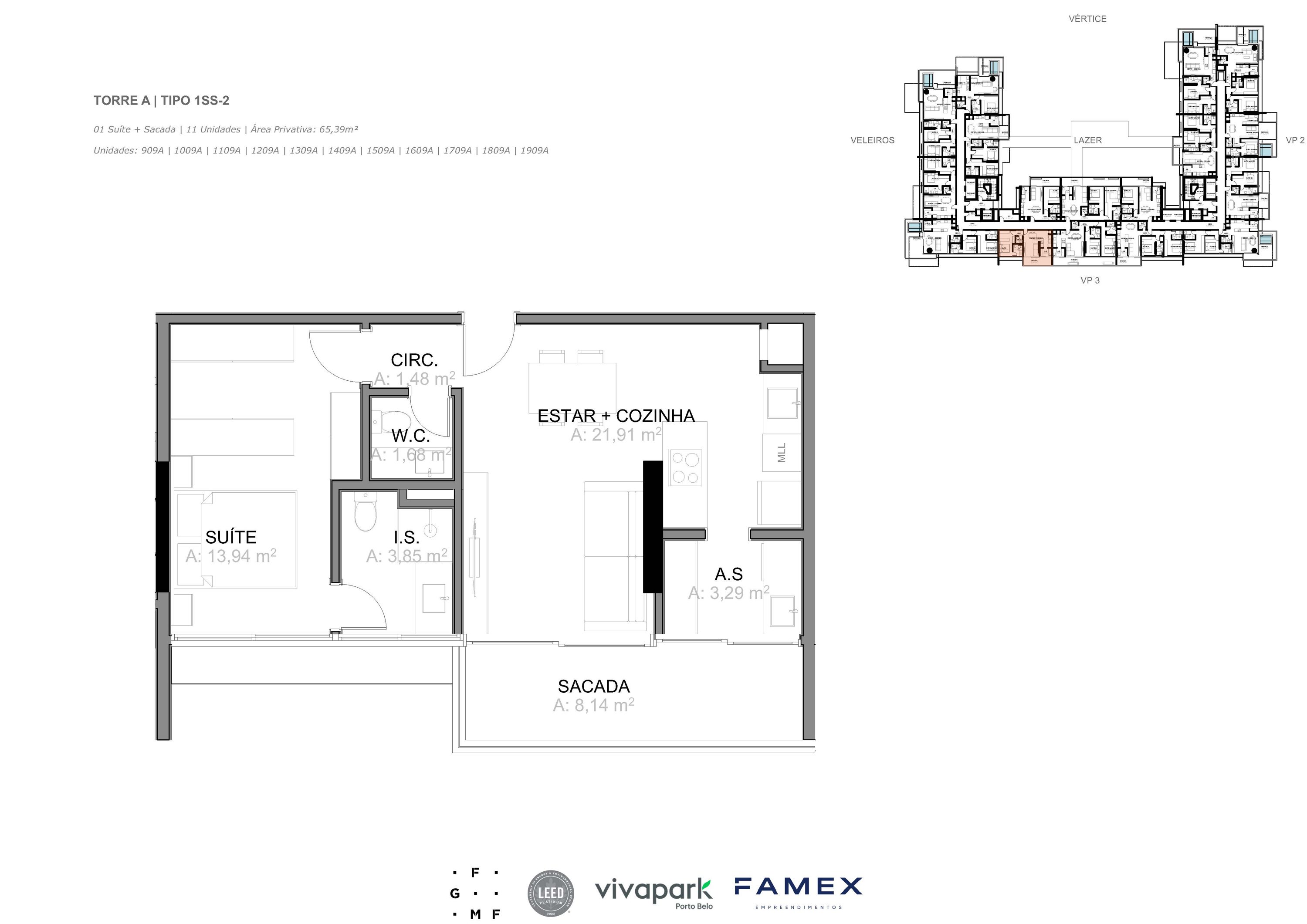 Torre A · Tipo 1SS-2 · 01 Suíte + Sacada · 65,39 m² · VITTA 27 · Vivapark Porto Belo