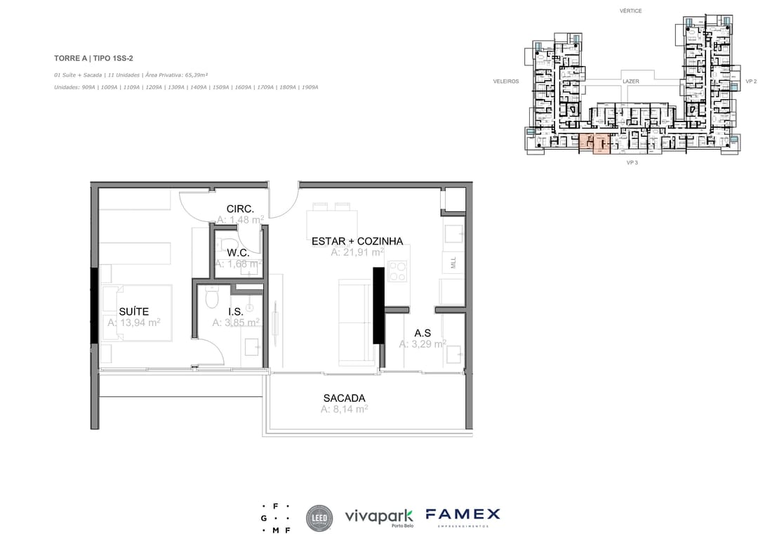 Torre A · Tipo 1SS-2 · 01 Suíte + Sacada · 65,39 m² · VITTA 27 · Vivapark Porto Belo
