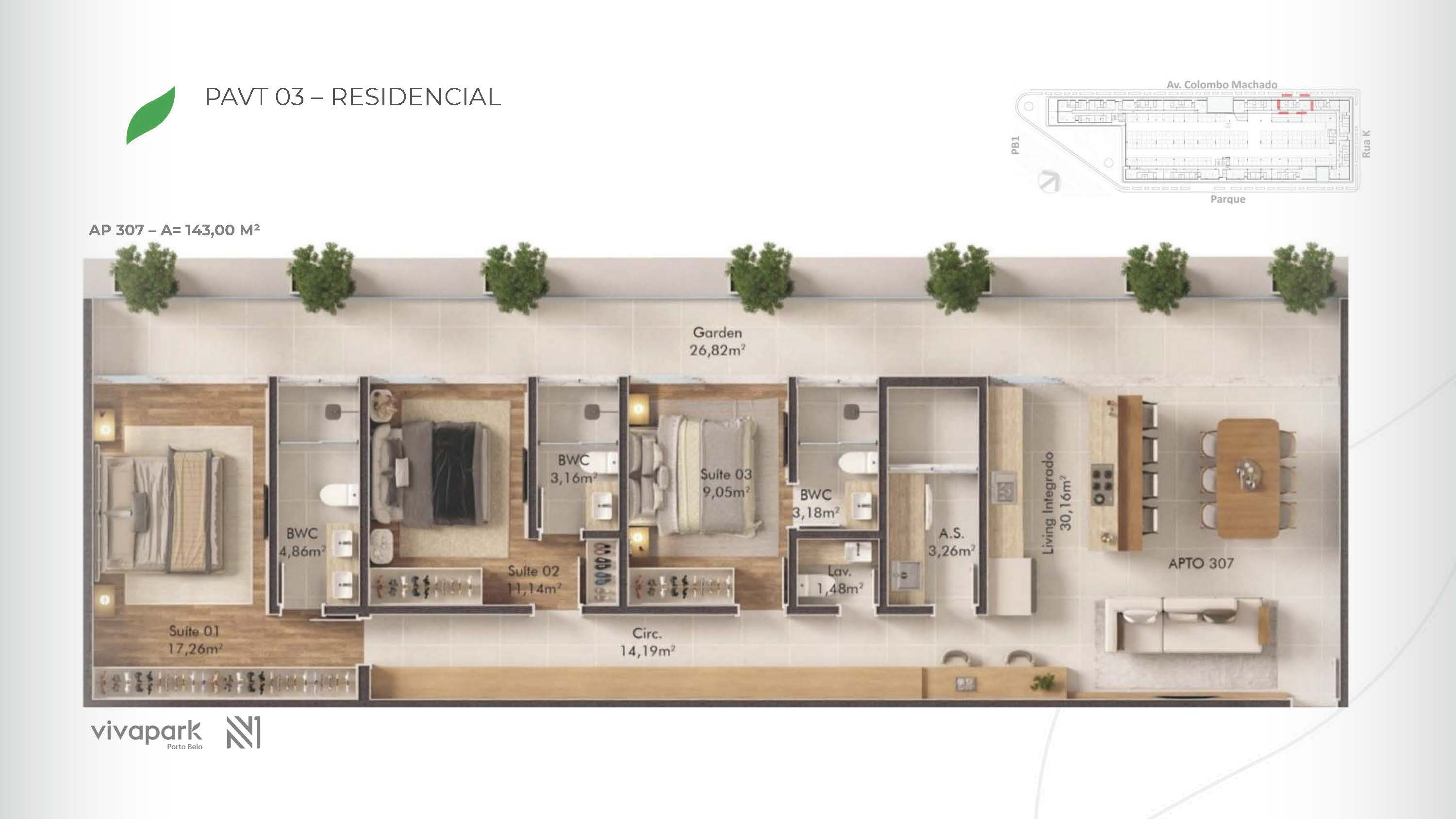 Base · Apt 307 · rendered floor plan · Vision · Vivapark Porto Belo
