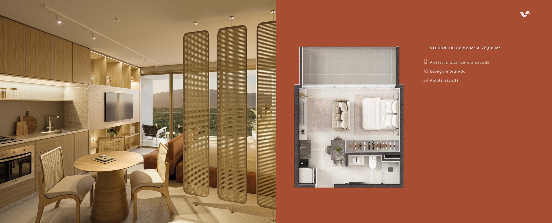 Apartamento decorado — studio, cozinha e living integrados · Vitta 27 · 407 B · Vivapark Porto Belo