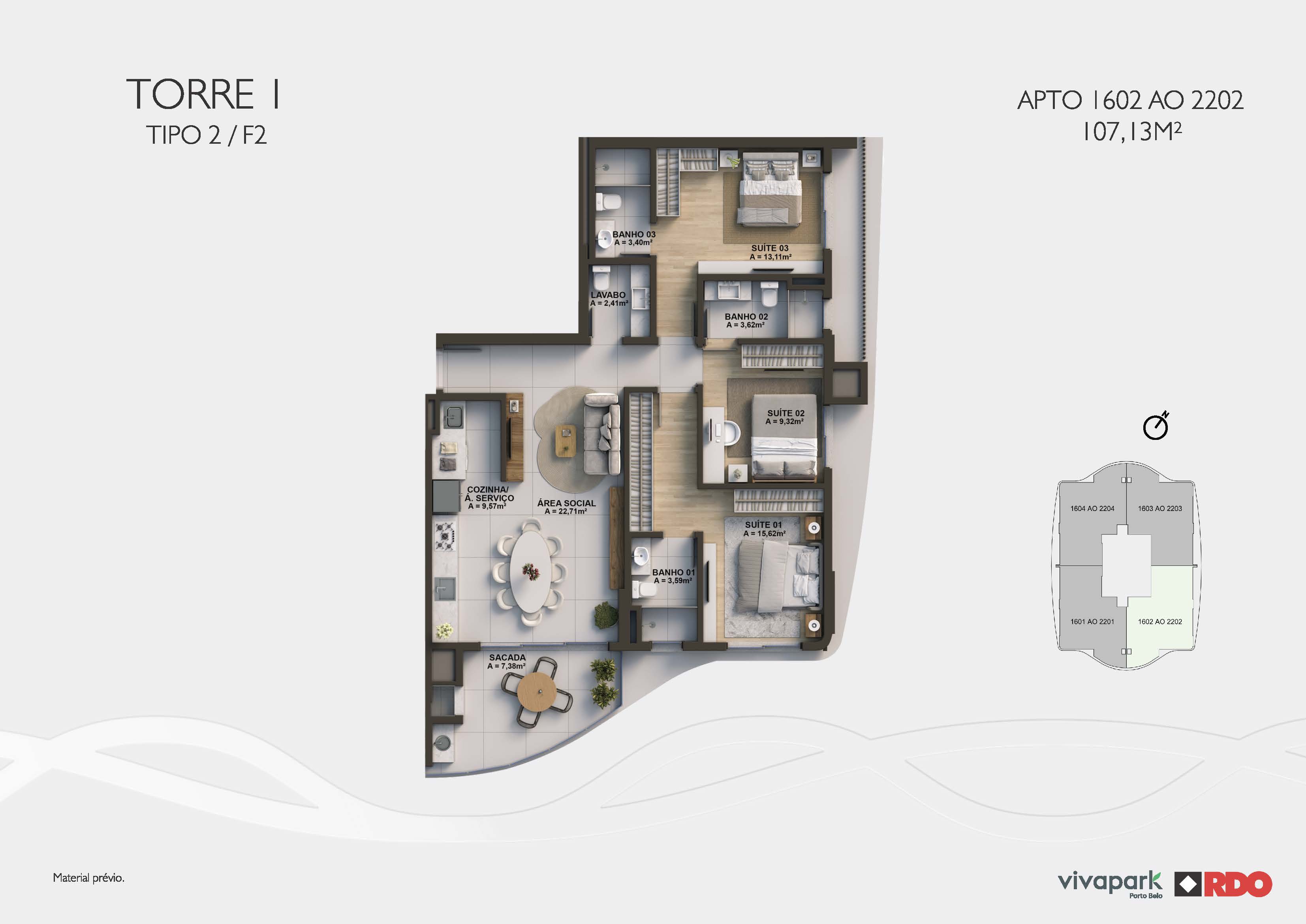 Tower 1 · Type 2 F2 · 1602 to 2202 · 107.13 m² · Valence · Vivapark Porto Belo