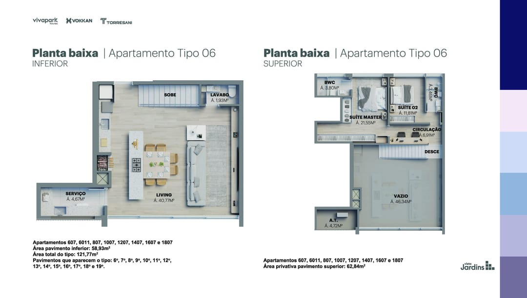 Tipo 06 · 121,77 m² · 607, 611, 807, 1007, 1207, 1407, 1607, 1807 · Vista Jardins · Vivapark Porto Belo