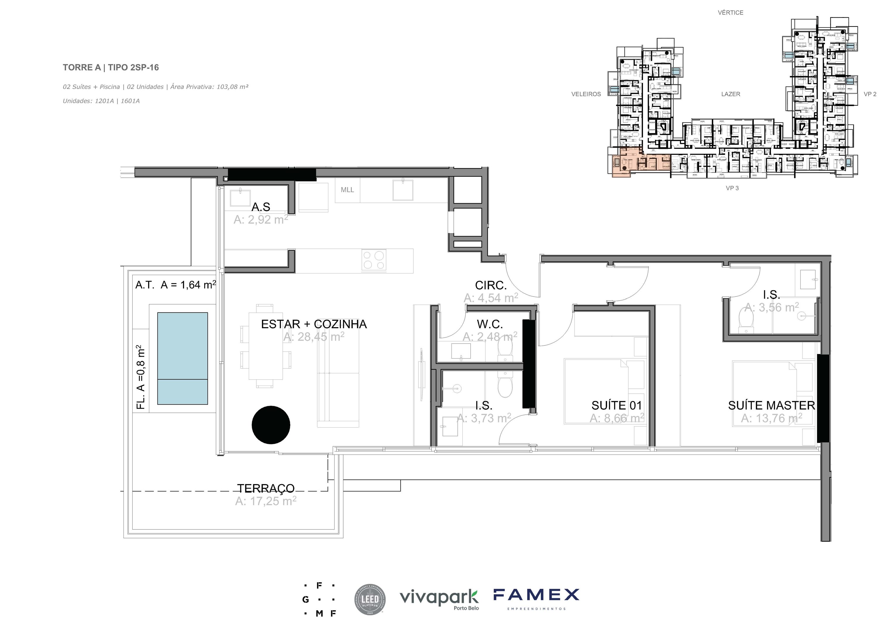 Torre A · Tipo 2SP-16 · 02 Suítes + Piscina · 103,08 m²