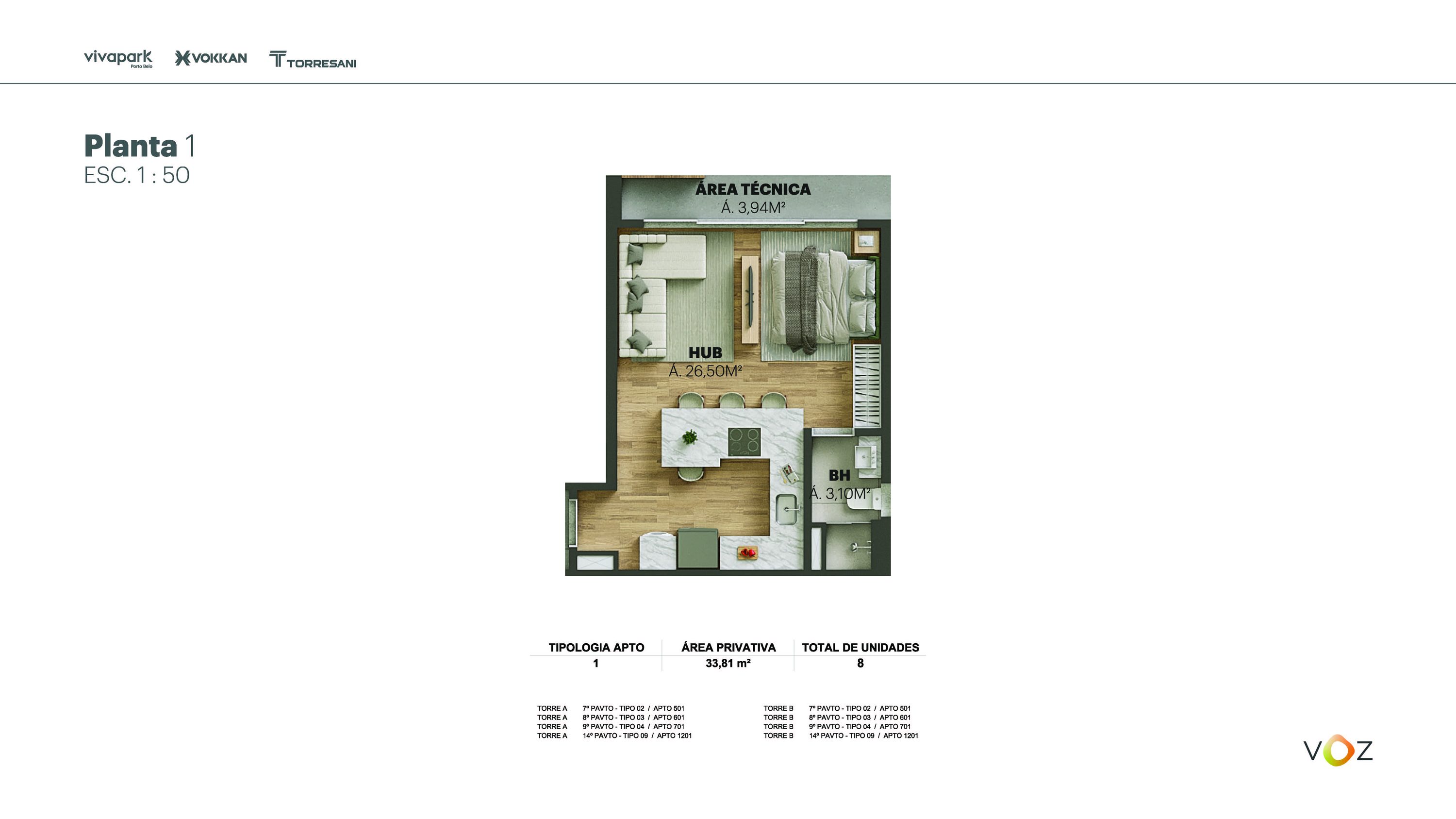 Planta 1 · 33,81 m² · Torres A e B: 501, 601, 701, 1201 · Voz · Vivapark Porto Belo