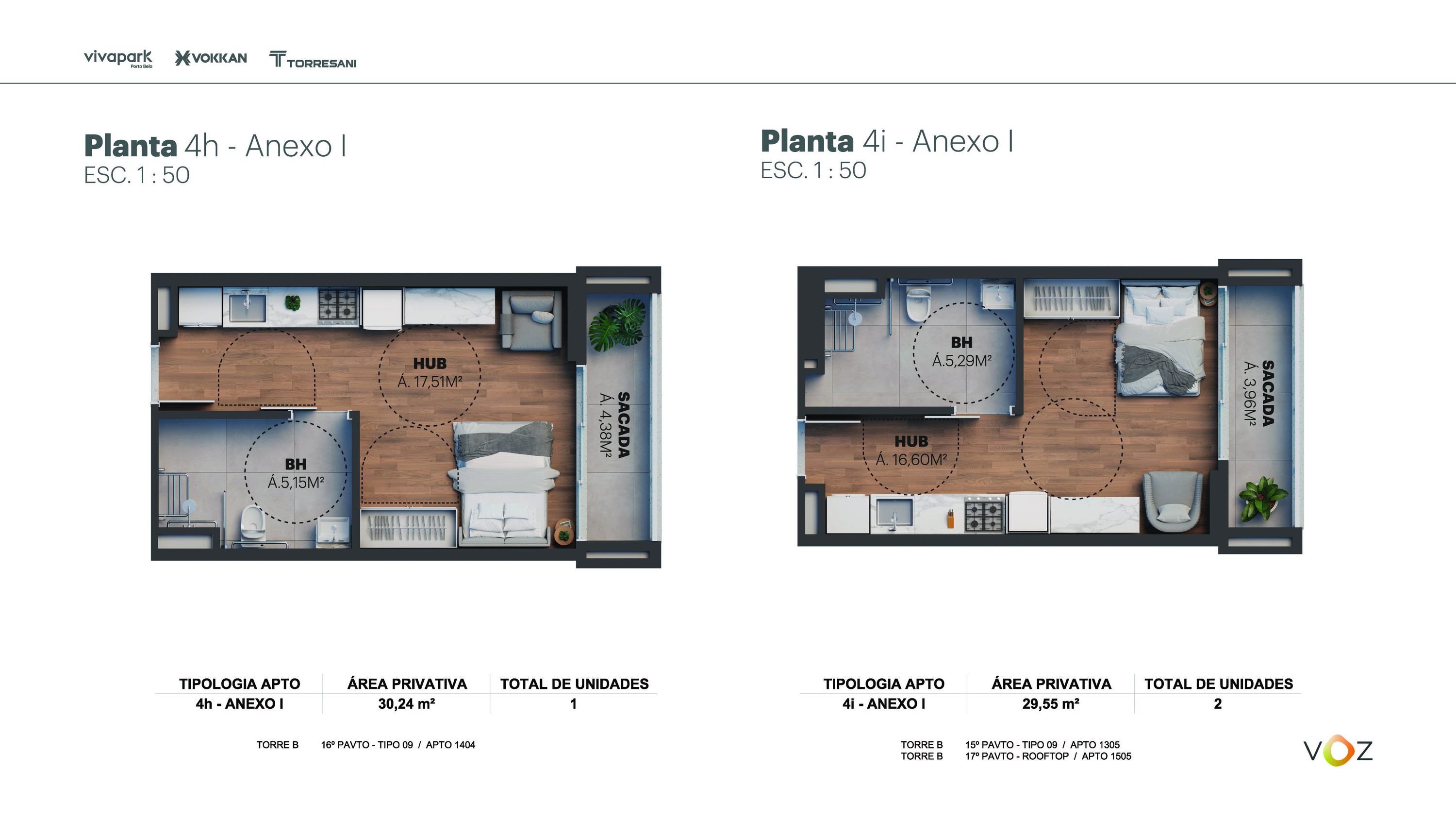 Plantas 4h e 4i Anexo I · 30,24 / 29,55 m² · B: 1404 · B: 1305, 1505 · Voz · Vivapark Porto Belo
