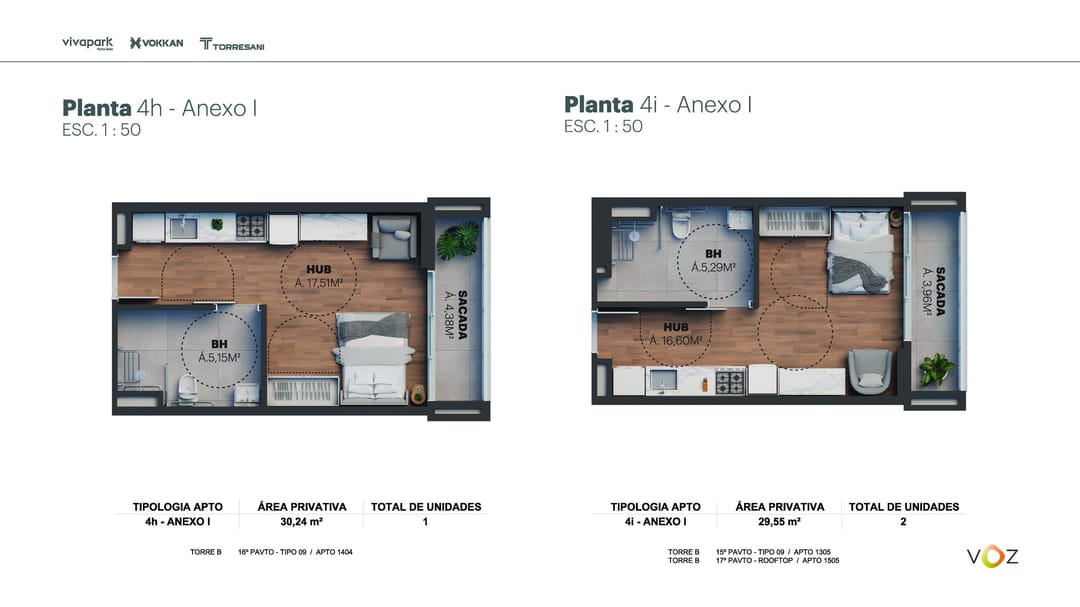 Plantas 4h e 4i Anexo I · 30,24 / 29,55 m² · B: 1404 · B: 1305, 1505 · Voz · Vivapark Porto Belo
