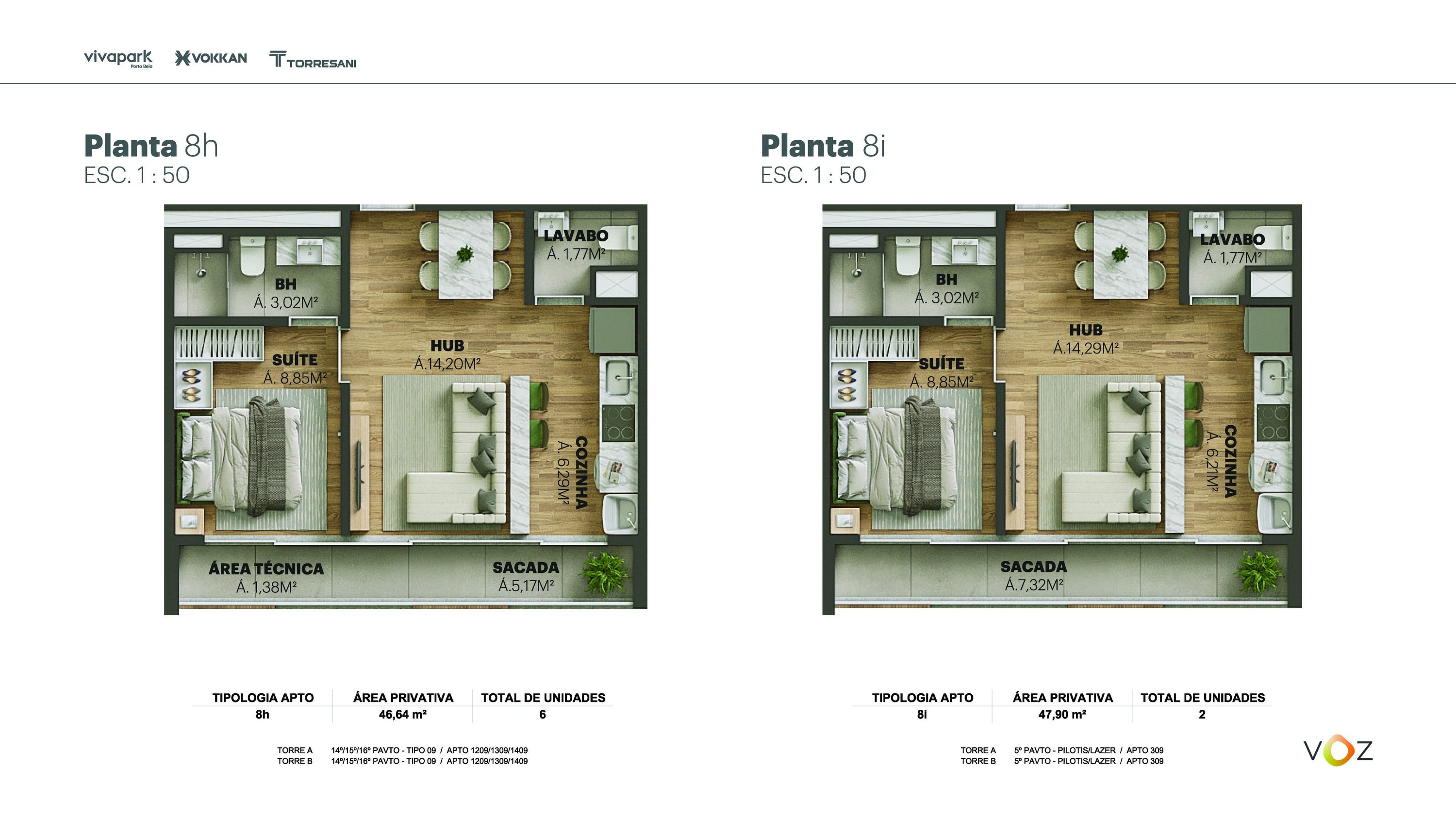 Plantas 8h e 8i · 46,64 / 47,90 m² · A e B: 1209, 1309, 1409 · A e B: 309 · Voz · Vivapark Porto Belo