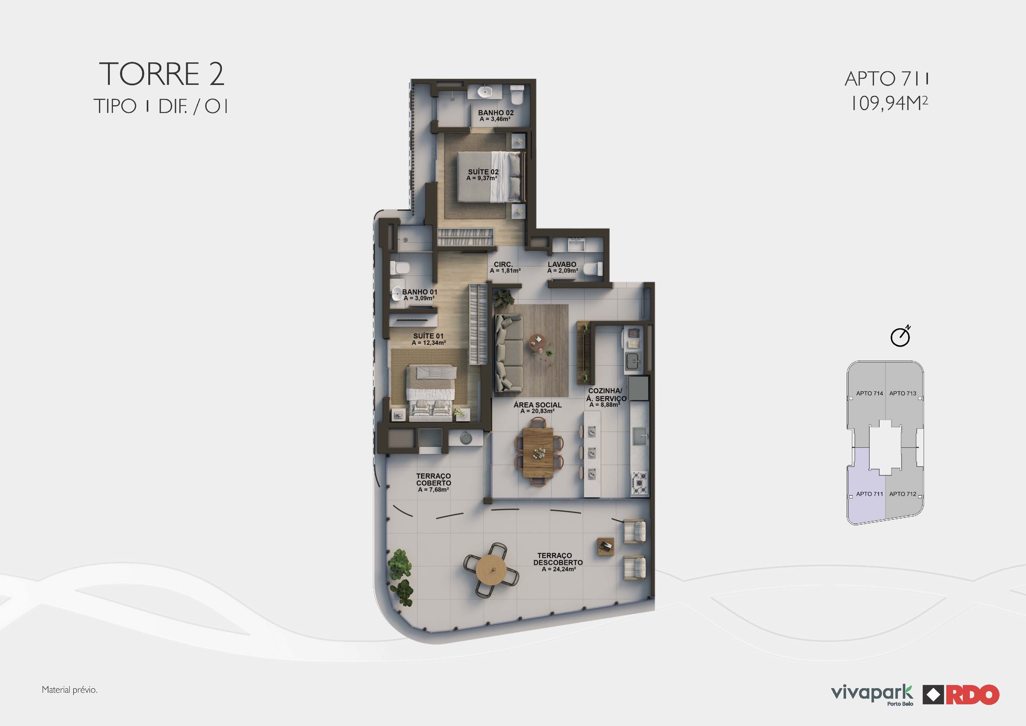 Torre 2 · Tipo 1 dif. O1 · Apto 711 · 109,94 m²