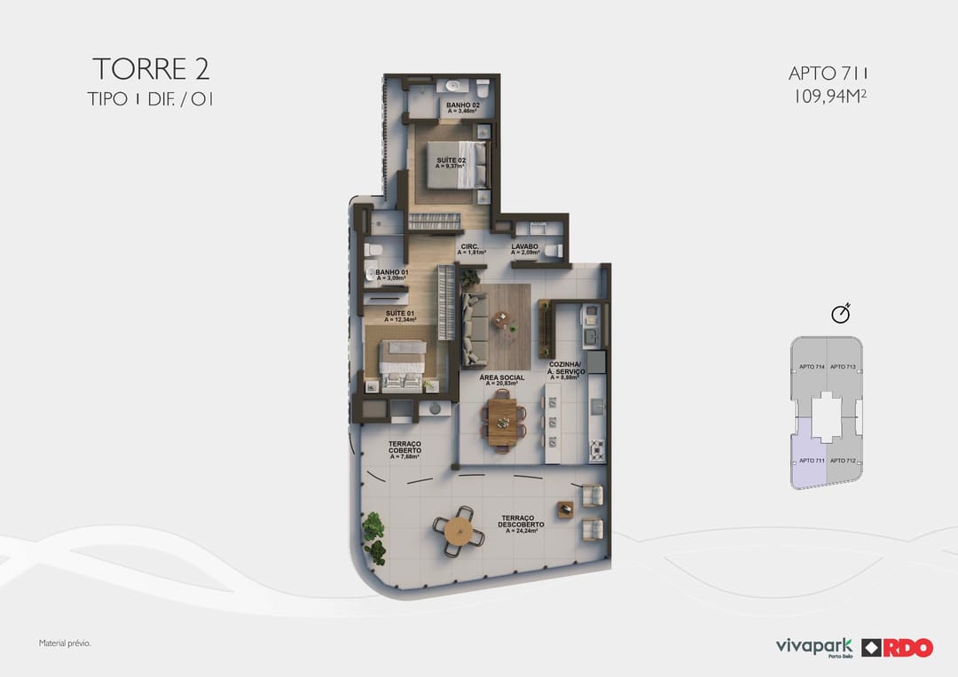 Torre 2 · Tipo 1 dif. O1 · Apto 711 · 109,94 m² · Valence · Vivapark Porto Belo
