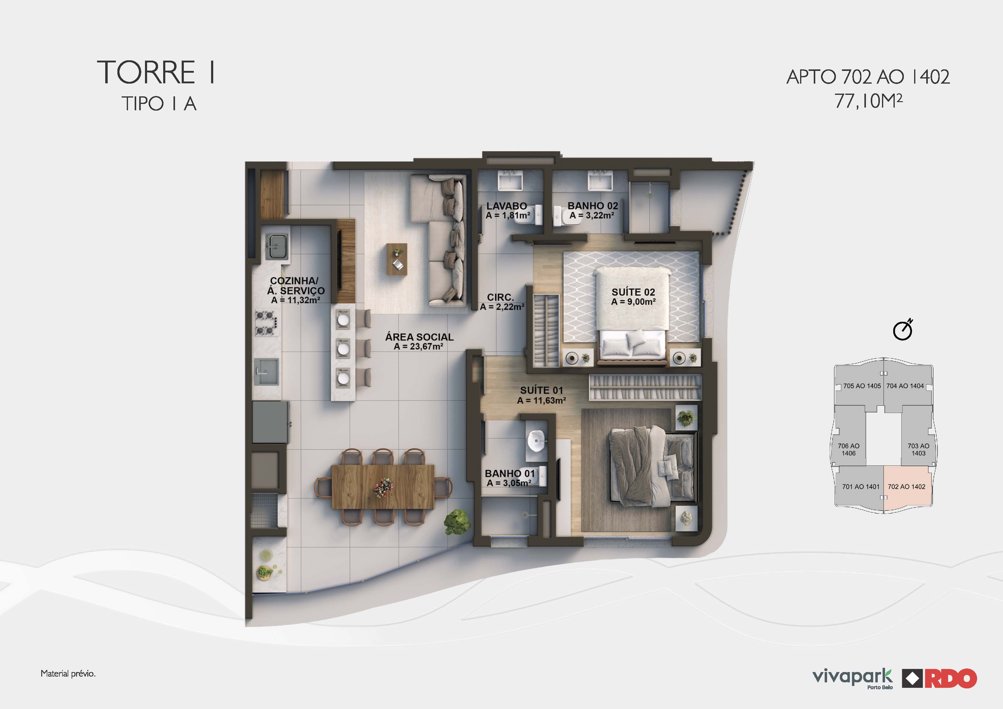 Torre 1 · Tipo 1A · 702 ao 1402 · 77,10 m²