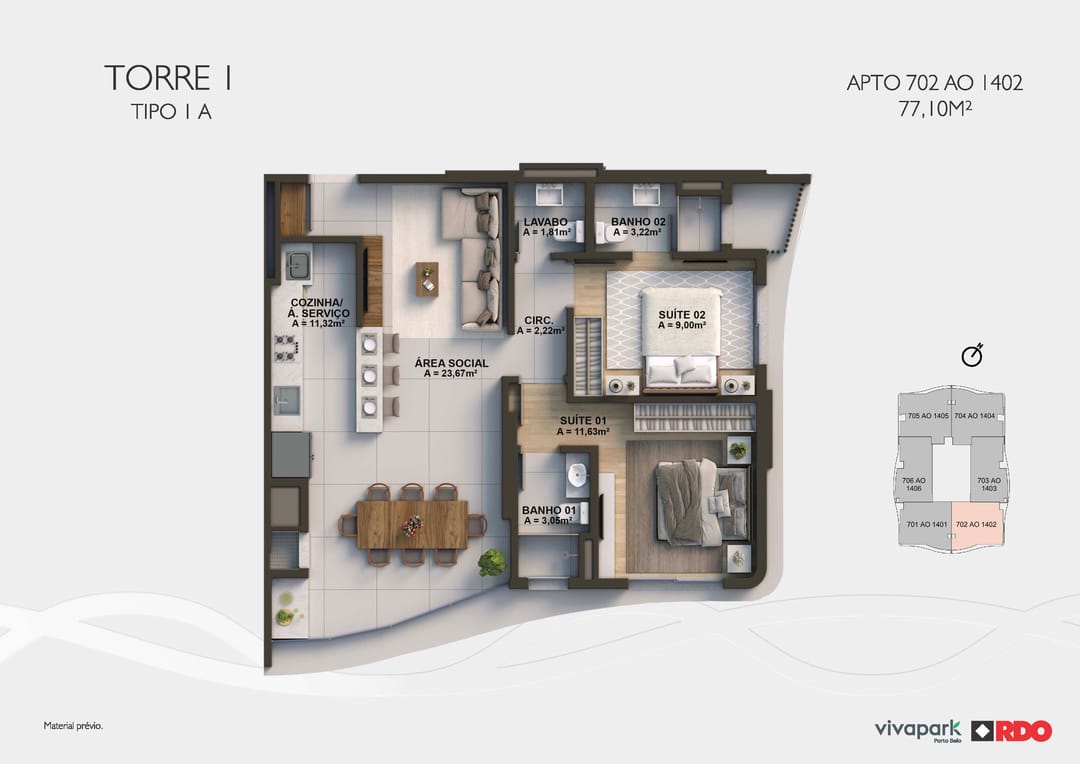 Torre 1 · Tipo 1A · 702 ao 1402 · 77,10 m² · Valence · Vivapark Porto Belo
