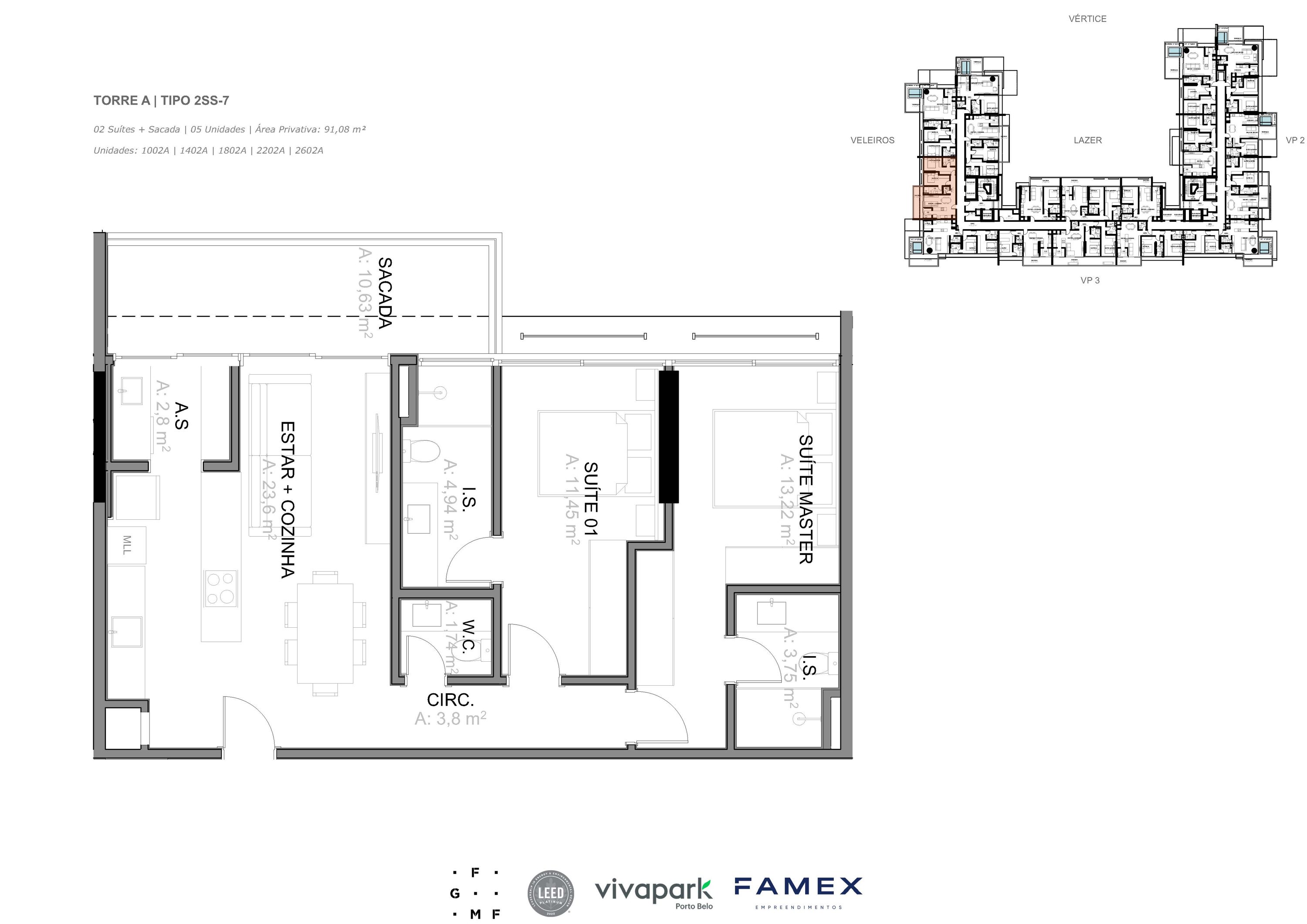 Torre A · Tipo 2SS-7 · 02 Suítes + Sacada · 91,08 m² · VITTA 27 · Vivapark Porto Belo