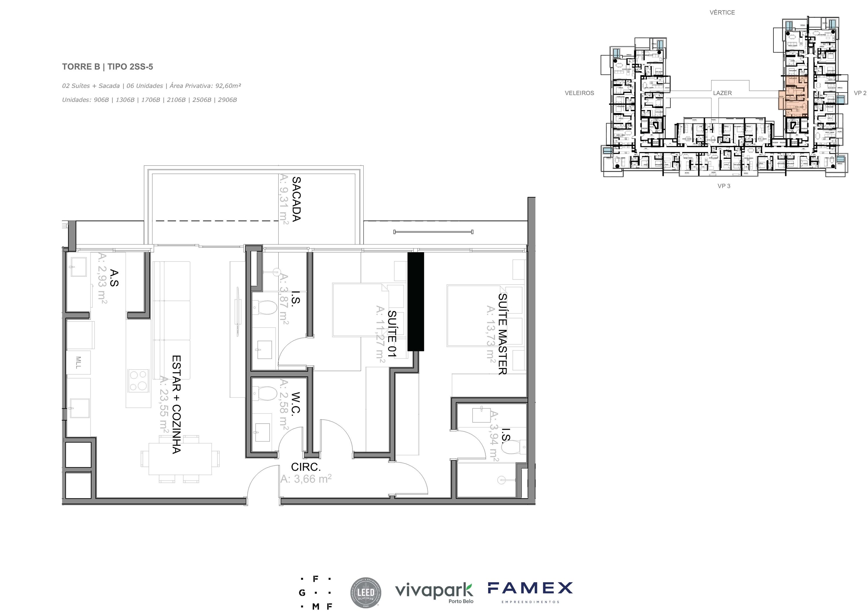 Torre B · Tipo 2SS-5 · 02 Suítes + Sacada · 92,60 m²