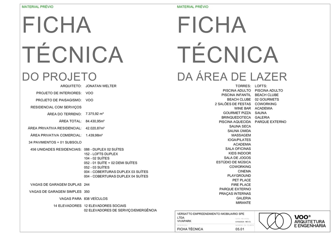 INC 31 – Ficha técnica do projeto e da área de lazer · Vivapark Porto Belo