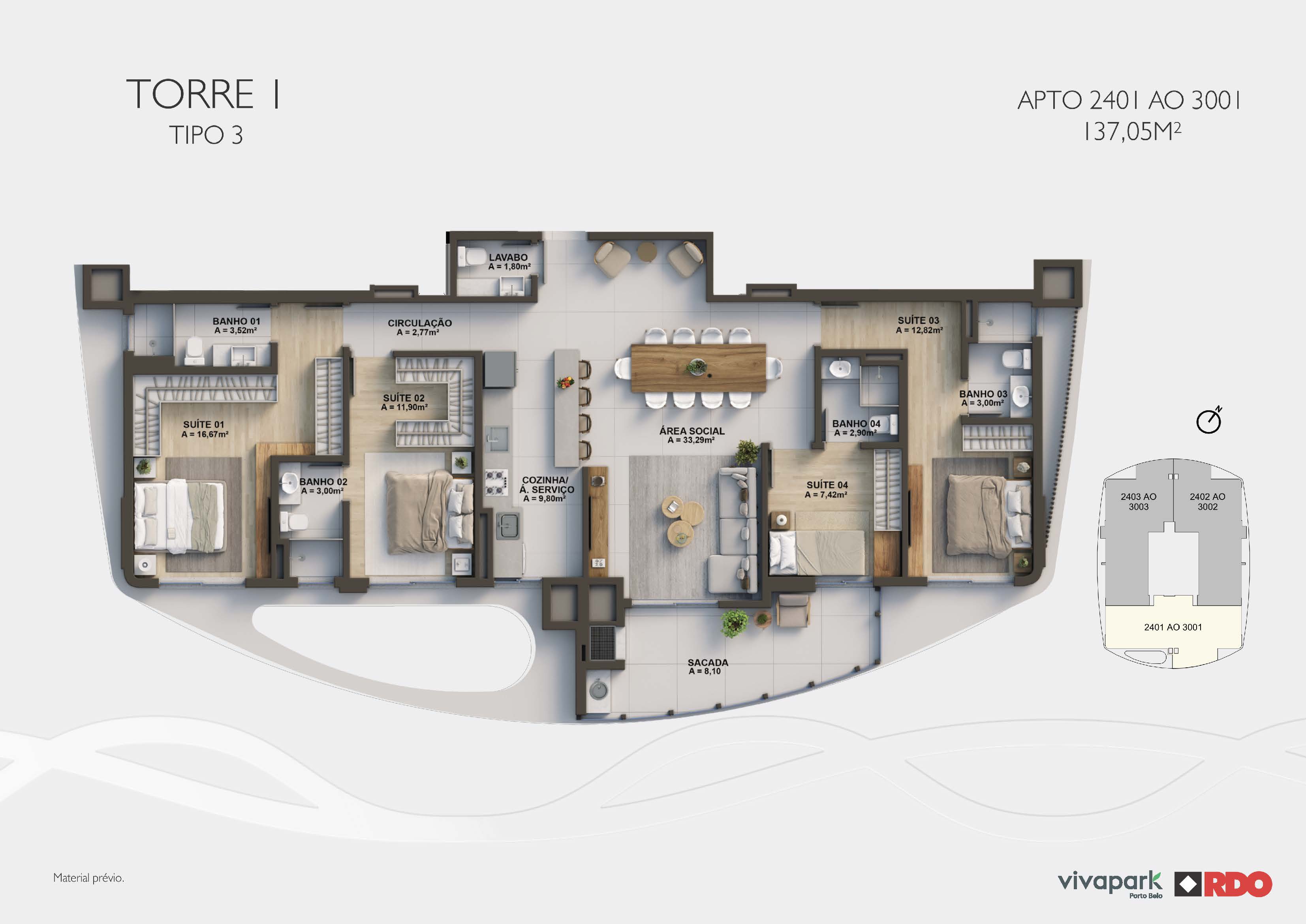 Torre 1 · Tipo 3 · 2401 ao 3001 · 137,05 m²