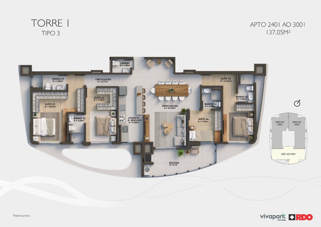 Torre 1 · Tipo 3 · 2401 ao 3001 · 137,05 m² · Valence · Vivapark Porto Belo