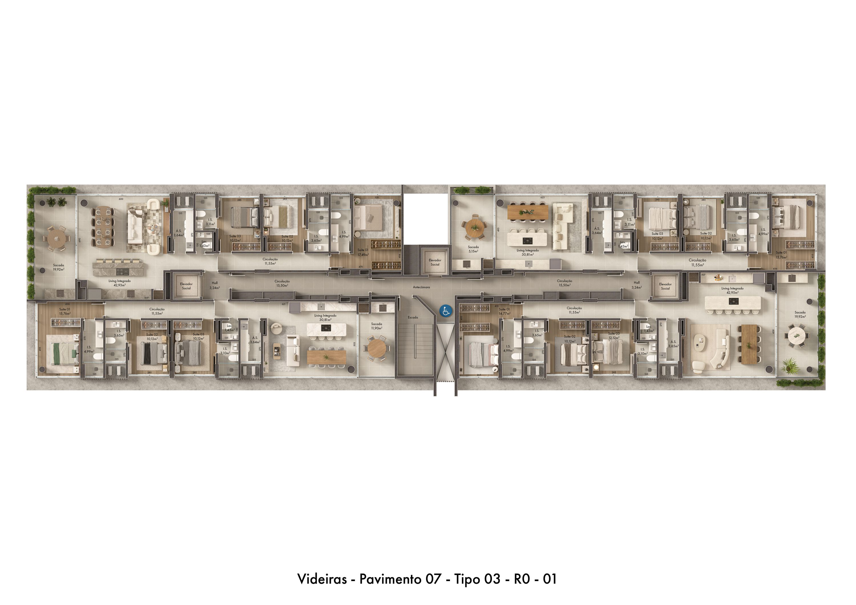 Tipo 03 · planta do andar (7º, 11º, 15º, 19º, 23º, 27º) · Videiras · Vivapark Porto Belo