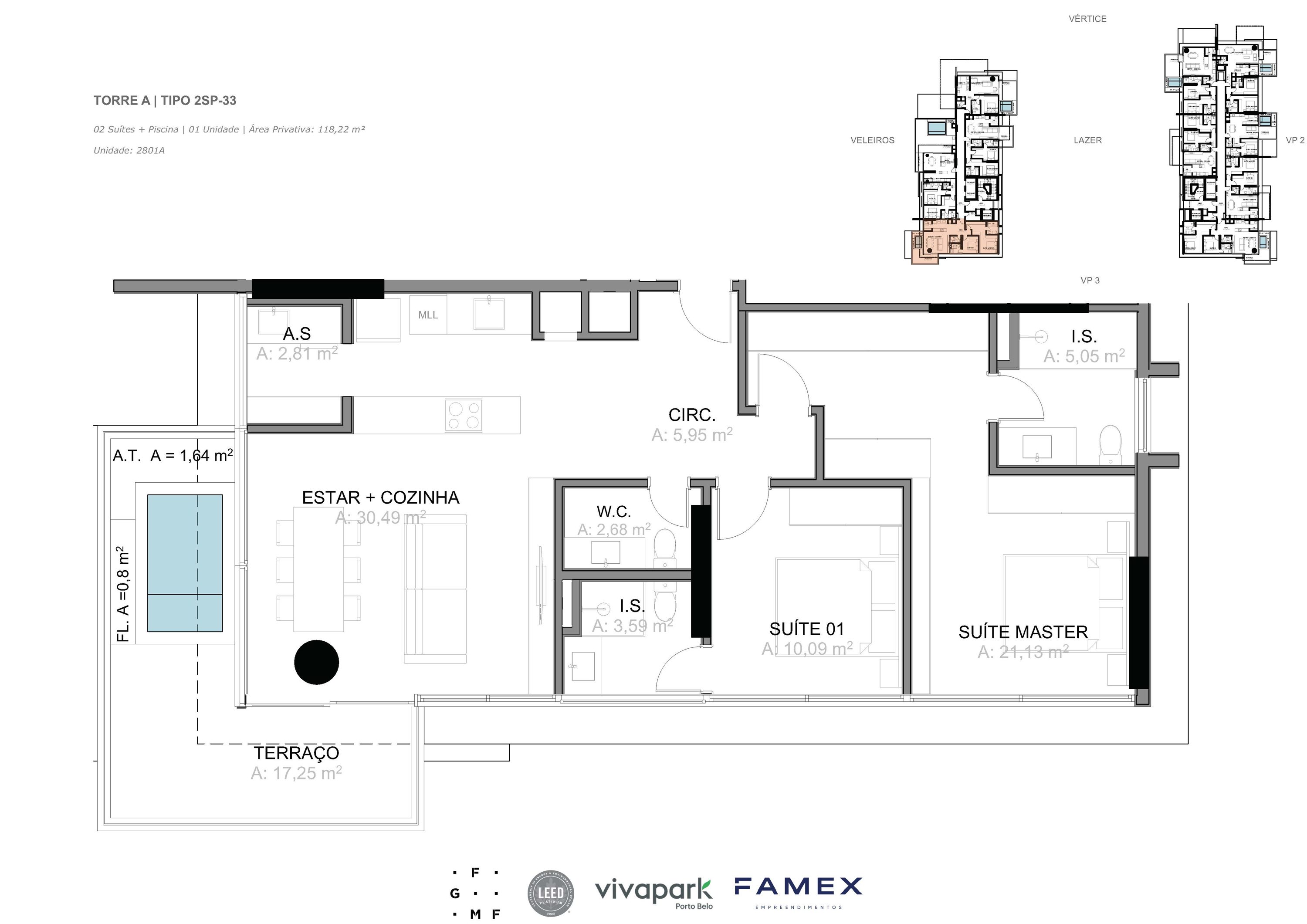 Torre A · Tipo 2SP-33 · 02 Suítes + Piscina · 118,22 m²