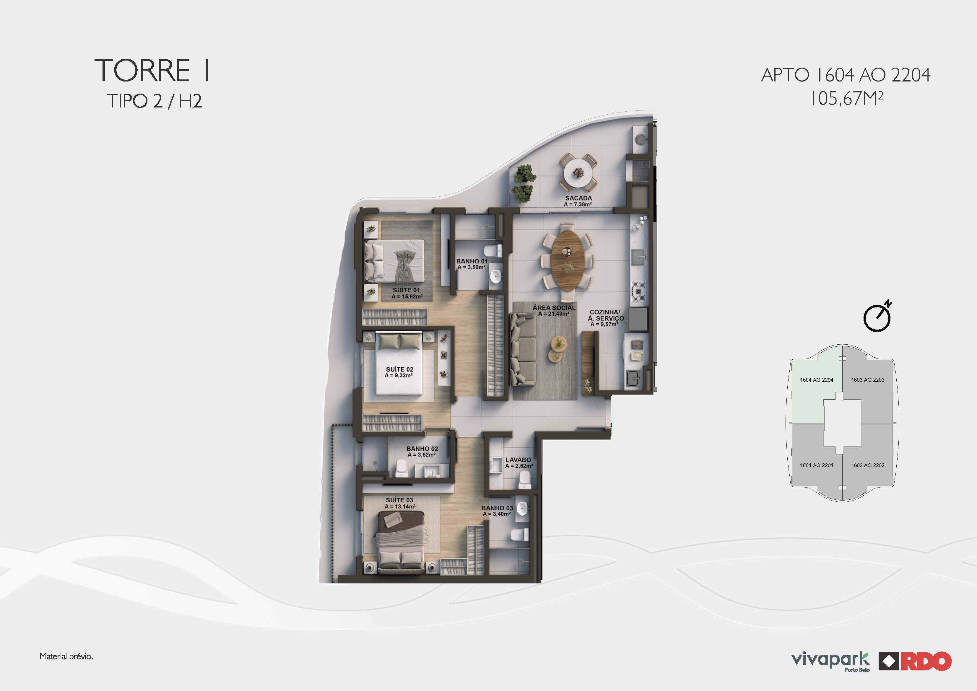 Torre 1 · Tipo 2 H2 · 1604 ao 2204 · 105,67 m²