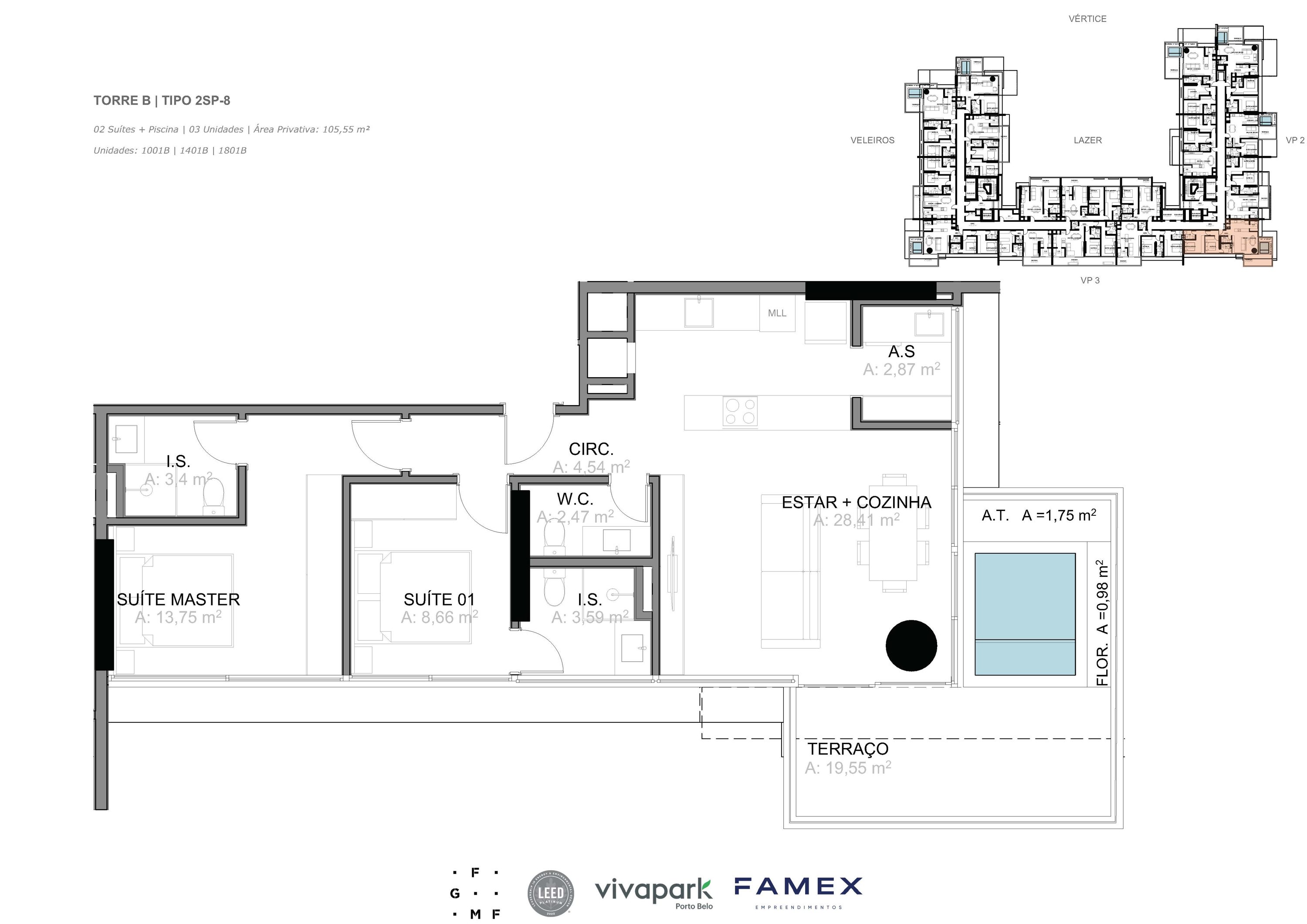 Torre B · Tipo 2SP-8 · 02 Suítes + Piscina · 105,55 m² · VITTA 27 · Vivapark Porto Belo