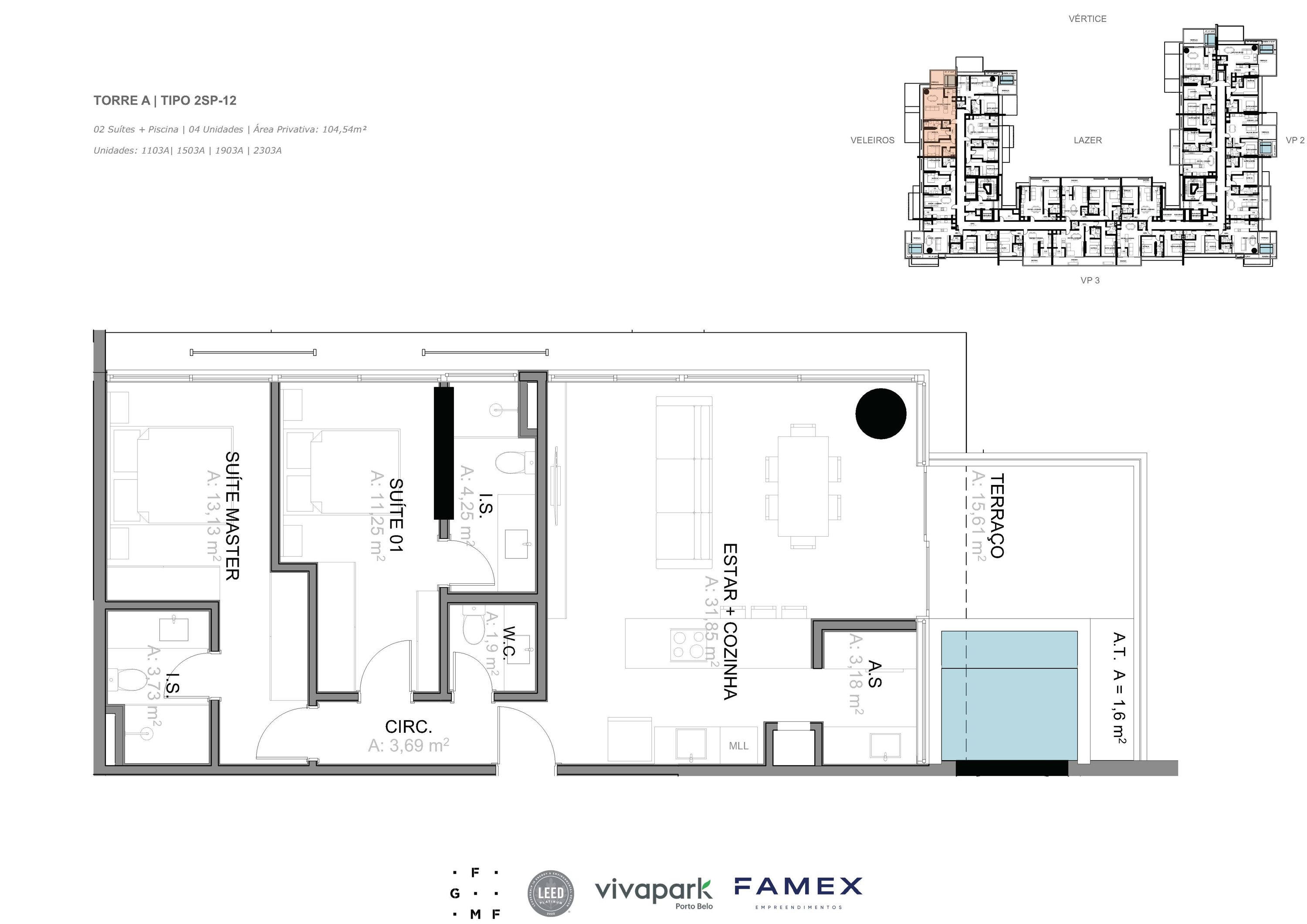 Torre A · Tipo 2SP-12 · 02 Suítes + Piscina · 104,54 m²