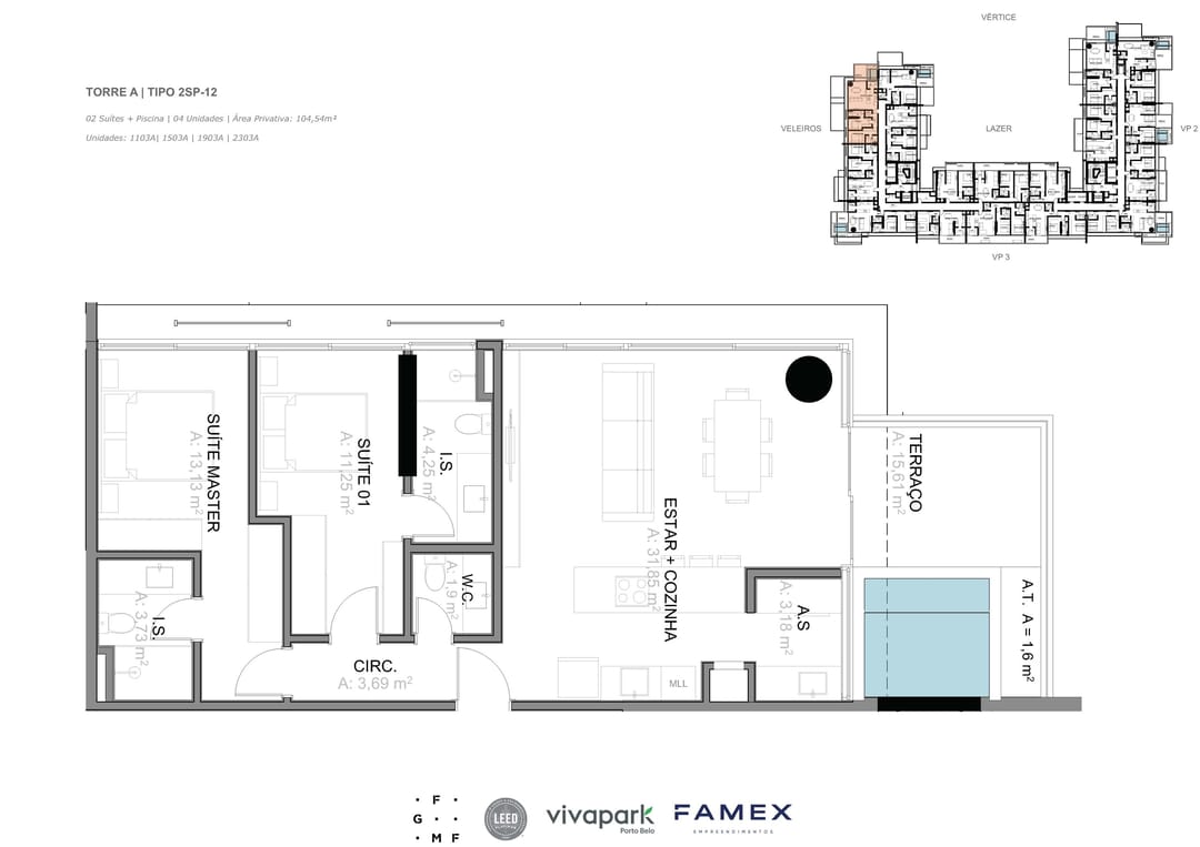 Torre A · Tipo 2SP-12 · 02 Suítes + Piscina · 104,54 m² · VITTA 27 · Vivapark Porto Belo