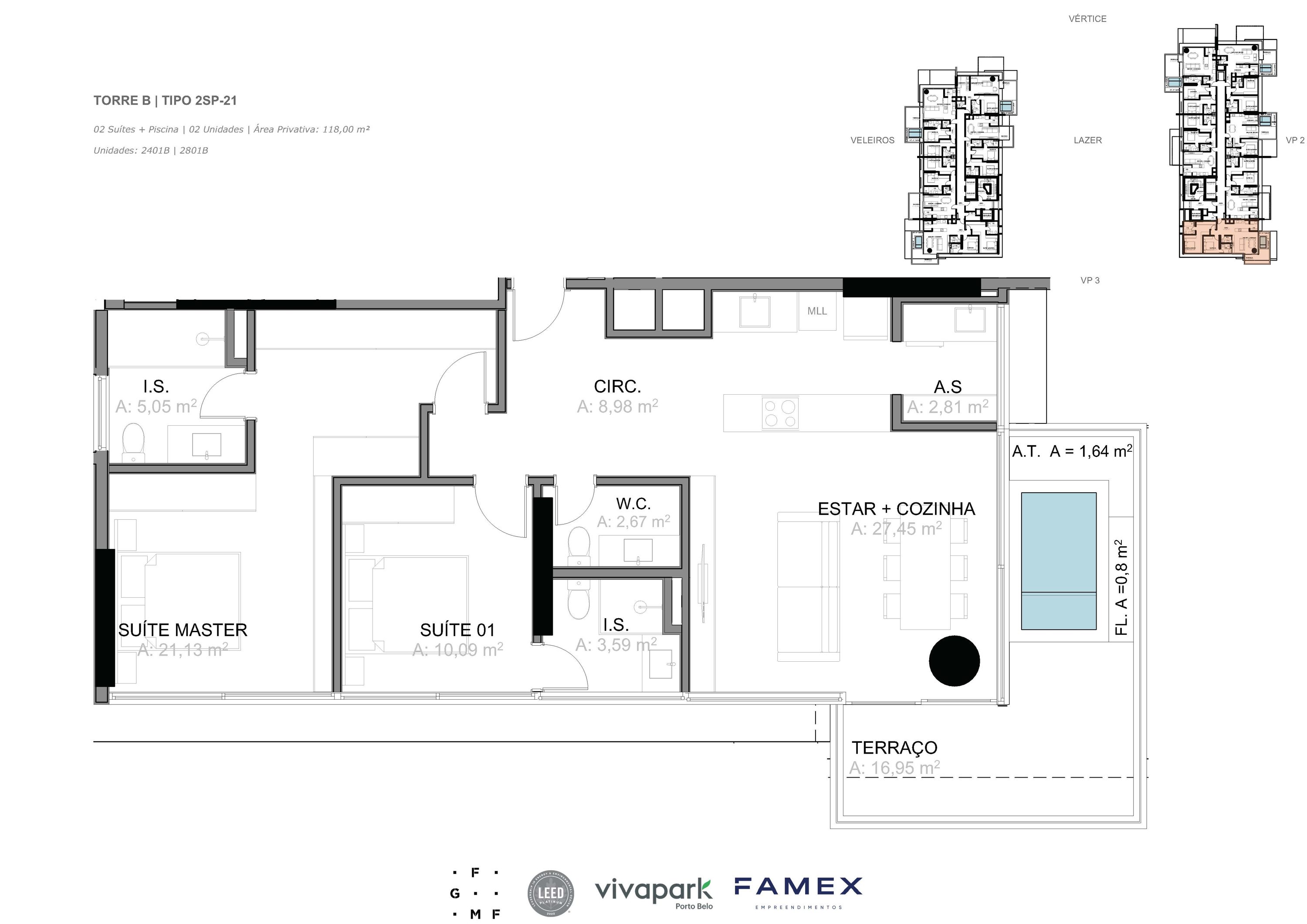 Torre B · Tipo 2SP-21 · 02 Suítes + Piscina · 118,00 m² · VITTA 27 · Vivapark Porto Belo