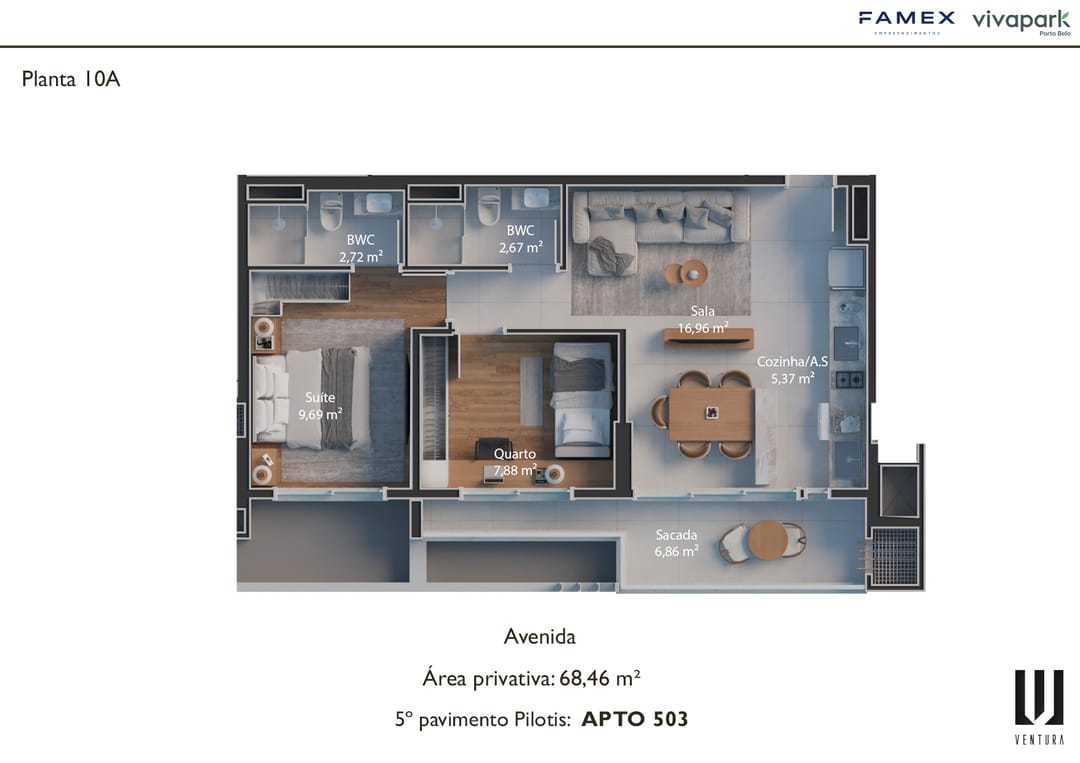 Planta 10A · Apto 503 (5º pav. pilotis) · 68,46 m² · Ventura · Vivapark Porto Belo