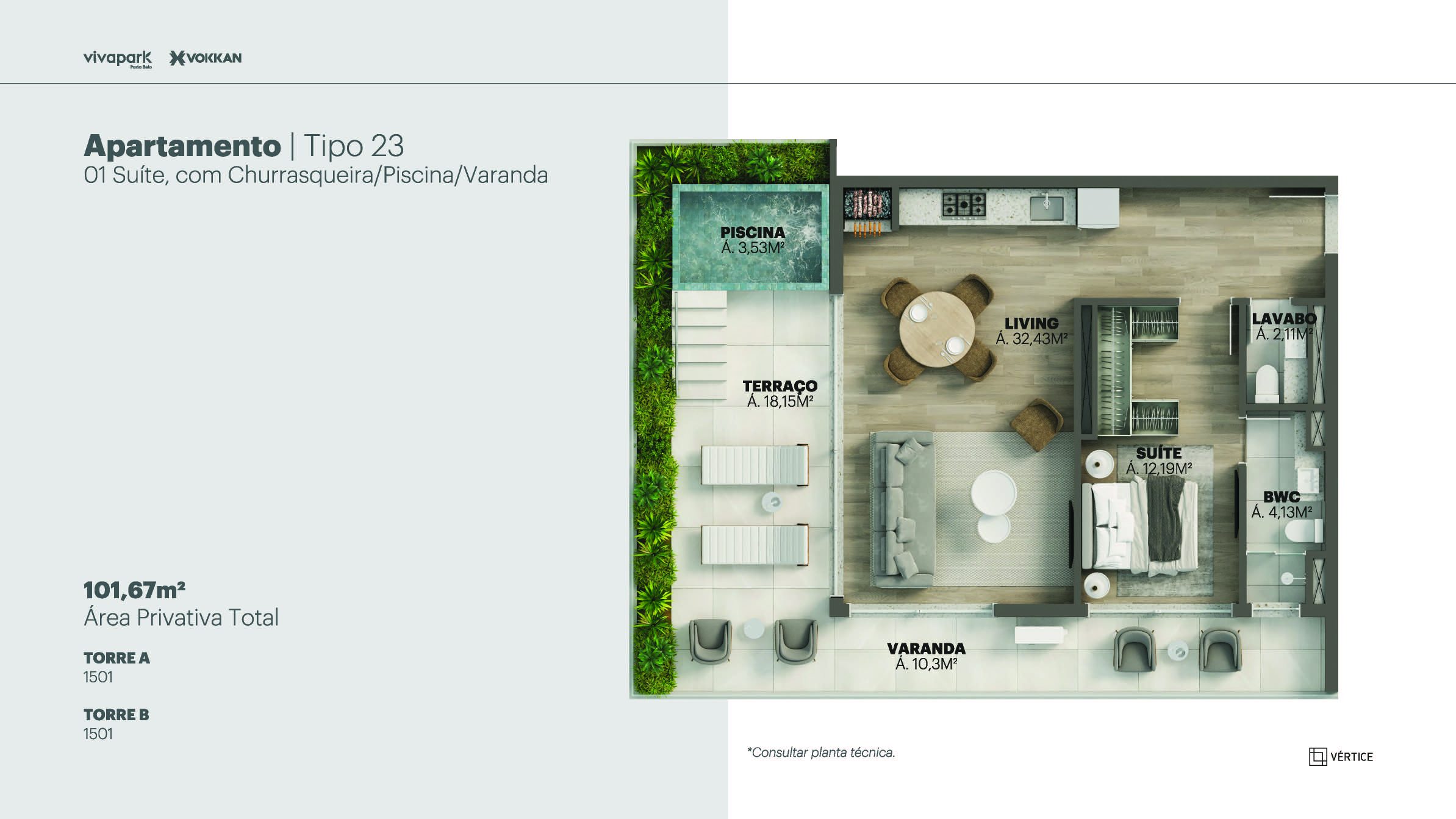 Tipo 23 · 1 suíte c/ churrasqueira, piscina e varanda · 101,67 m² · A e B: 1501