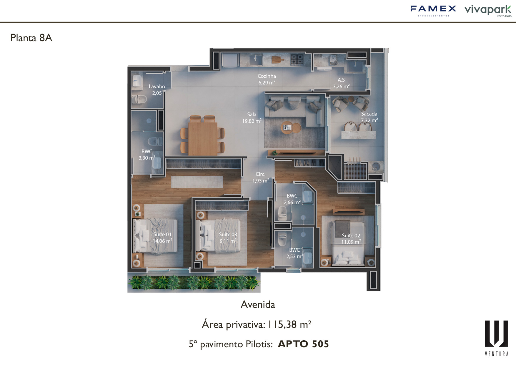 Floor plan 8A · Unit 505 (5th ground floor level) · 115.38 m² · Ventura · Vivapark Porto Belo