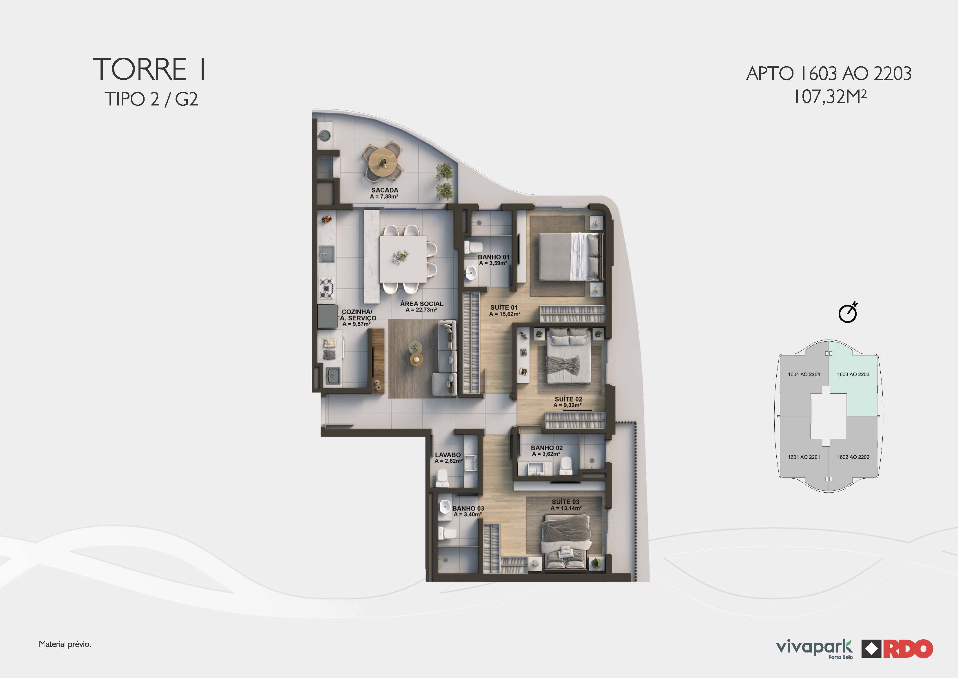 Torre 1 · Tipo 2 G2 · 1603 ao 2203 · 107,32 m²