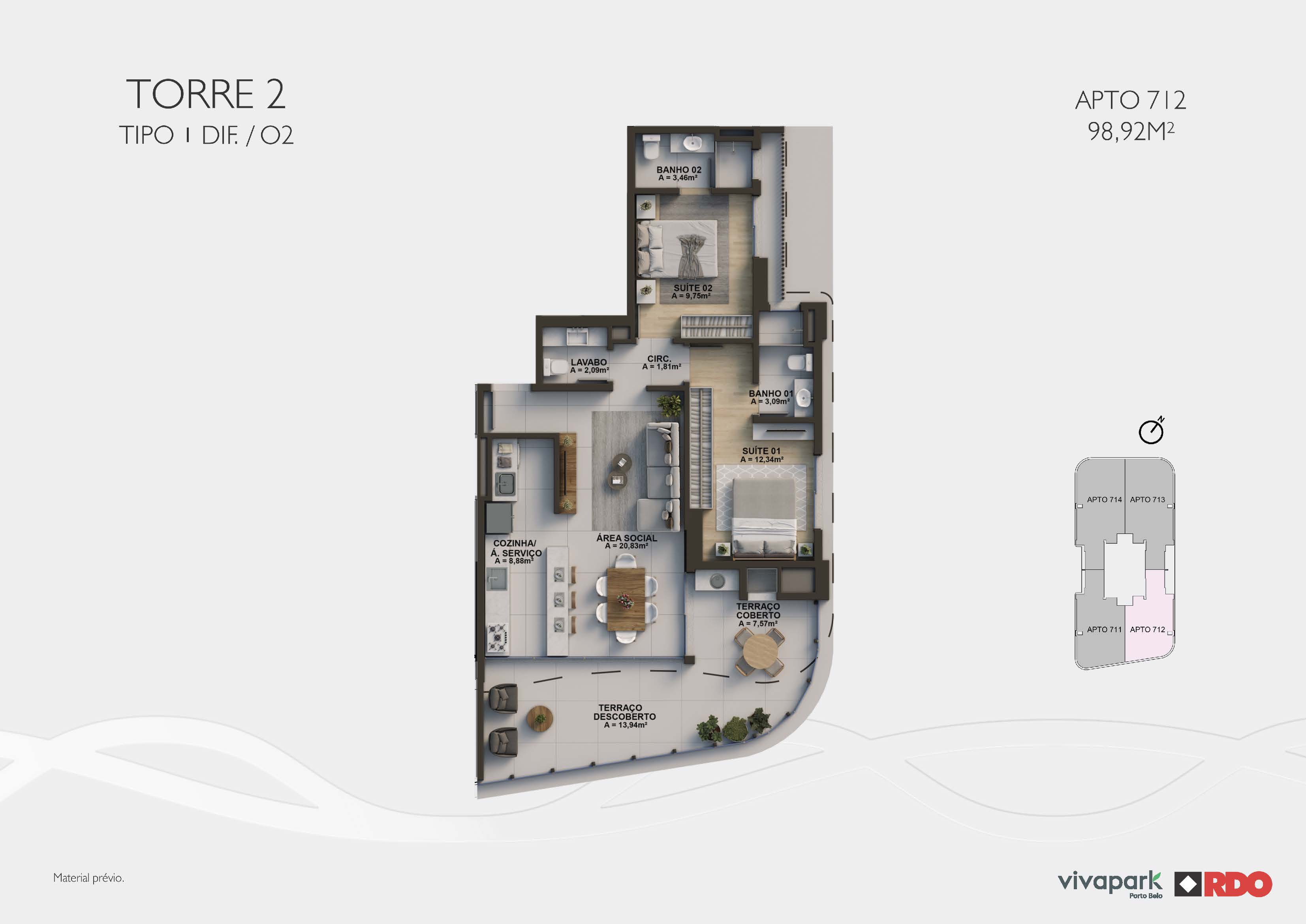 Torre 2 · Tipo 1 dif. O2 · Apto 712 · 98,92 m²