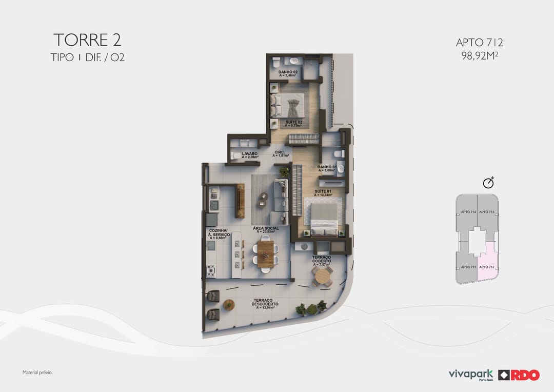 Torre 2 · Tipo 1 dif. O2 · Apto 712 · 98,92 m² · Valence · Vivapark Porto Belo