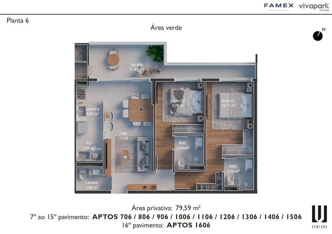Planta 6 · finais 06 (706 ao 1506, 1606) · 79,59 m² · Ventura · Vivapark Porto Belo