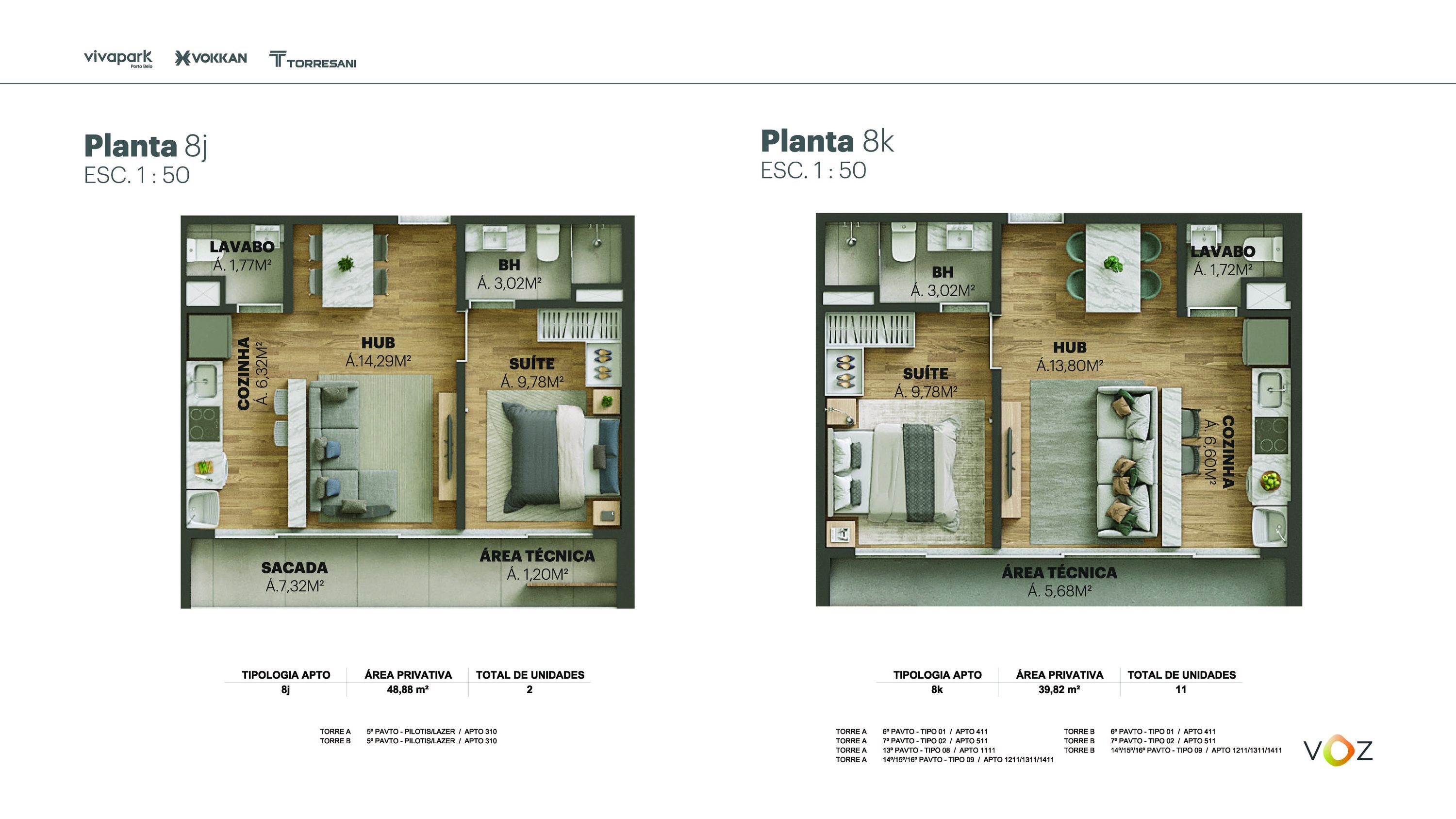Plantas 8j e 8k · 48,88 / 39,82 m² · A e B: 310 · A: 411, 511, 1111, 1211/1311/1411 · B: 411, 511, 1211/1311/1411 · Voz · Vivapark Porto Belo
