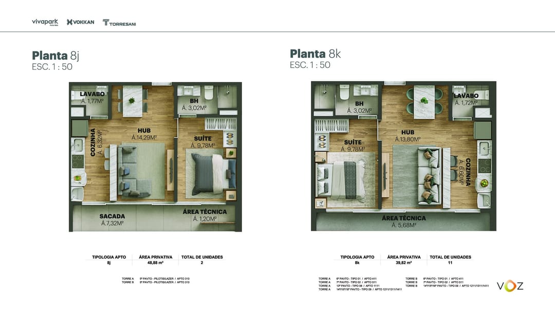 Plantas 8j e 8k · 48,88 / 39,82 m² · A e B: 310 · A: 411, 511, 1111, 1211/1311/1411 · B: 411, 511, 1211/1311/1411 · Voz · Vivapark Porto Belo
