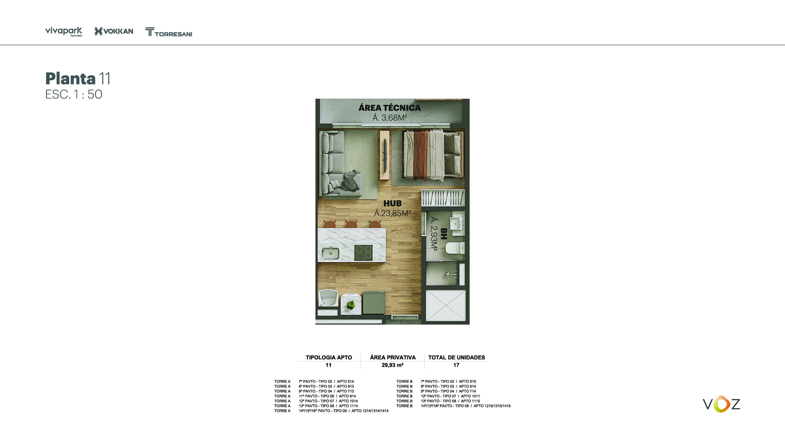 Planta 11 · 29,93 m² · A: 514, 613, 713, 914, 1014, 1114, 1214/1314/1414 · B: 515, 614, 714, 1015, 1115, 1215/1315/1415 · Voz · Vivapark Porto Belo