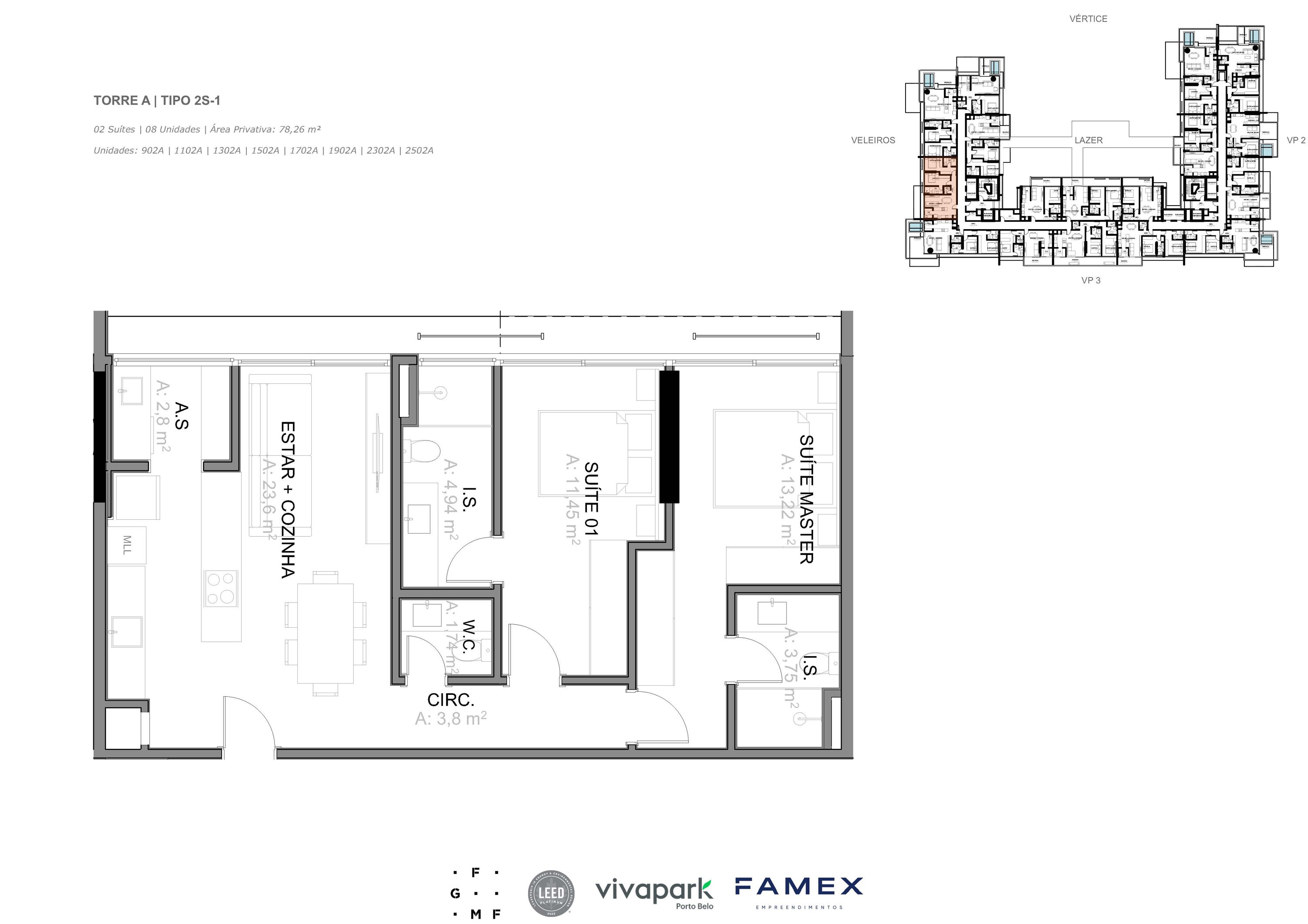 Torre A · Tipo 2S-1 · 02 Suítes · 78,26 m² · VITTA 27 · Vivapark Porto Belo