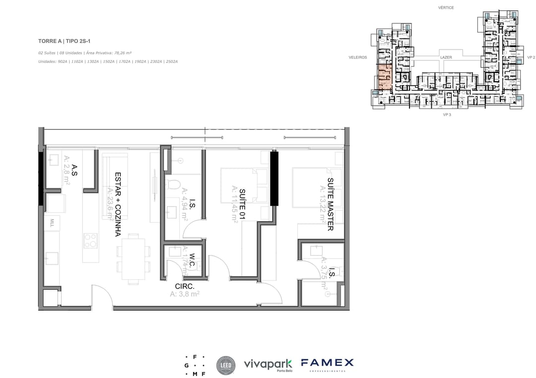 Torre A · Tipo 2S-1 · 02 Suítes · 78,26 m² · VITTA 27 · Vivapark Porto Belo