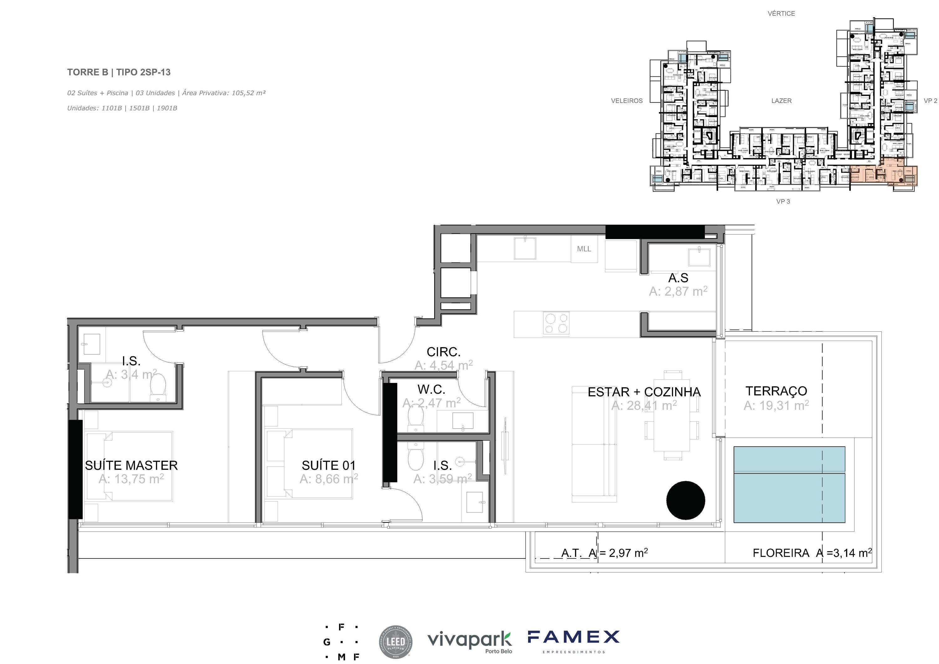 Torre B · Tipo 2SP-13 · 02 Suítes + Piscina · 105,52 m²