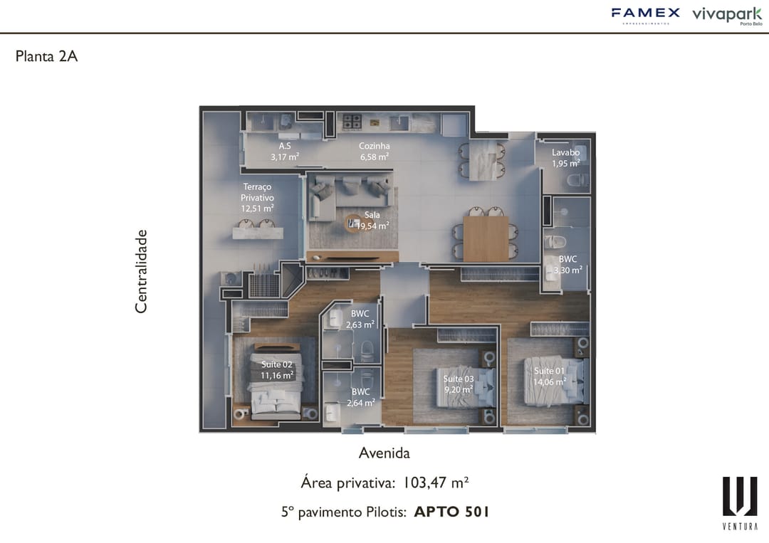 Planta 2A · Apto 501 (5º pav. pilotis) · 103,47 m² · Ventura · Vivapark Porto Belo