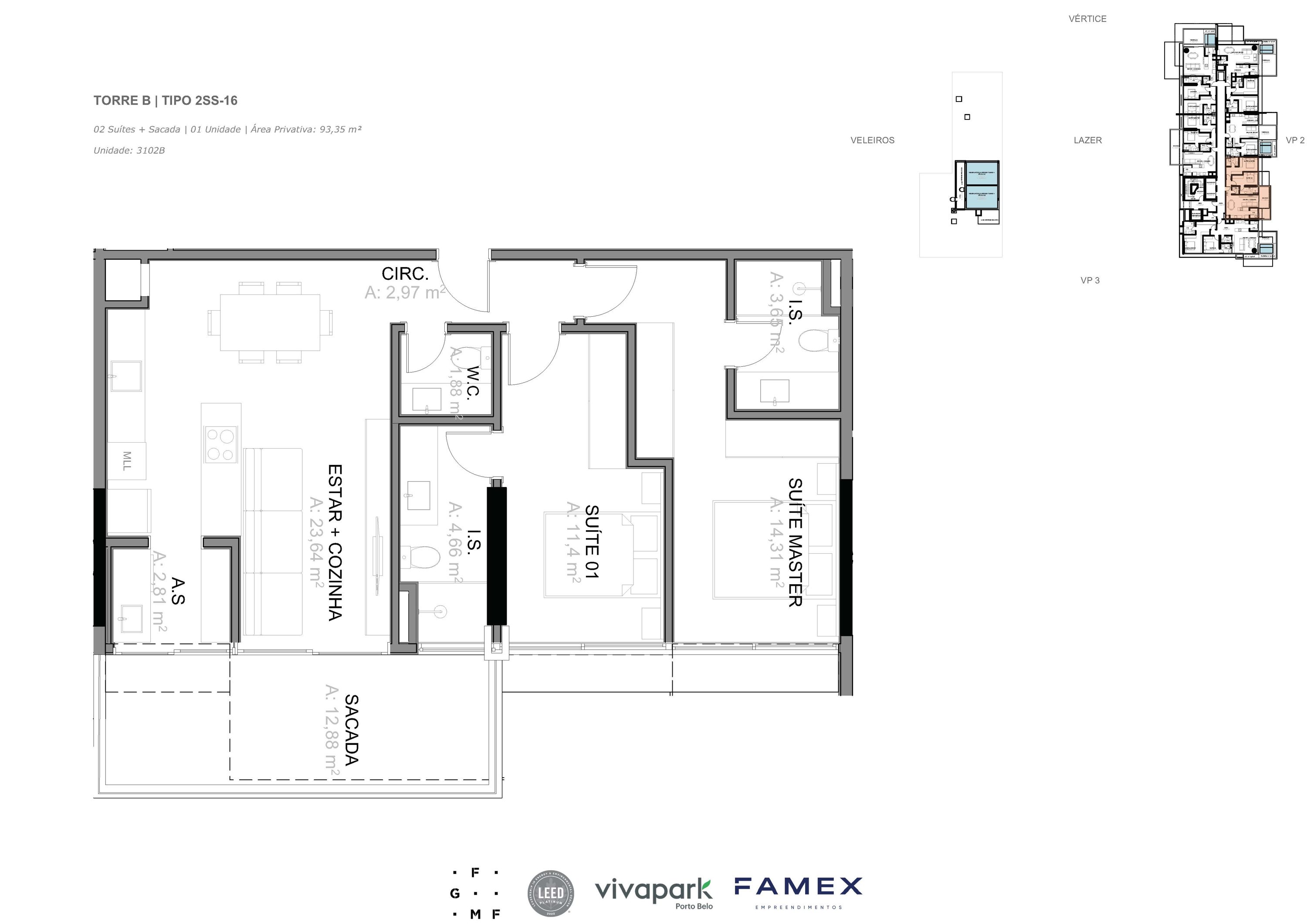 Torre B · Tipo 2SS-16 · 02 Suítes + Sacada · 93,35 m²