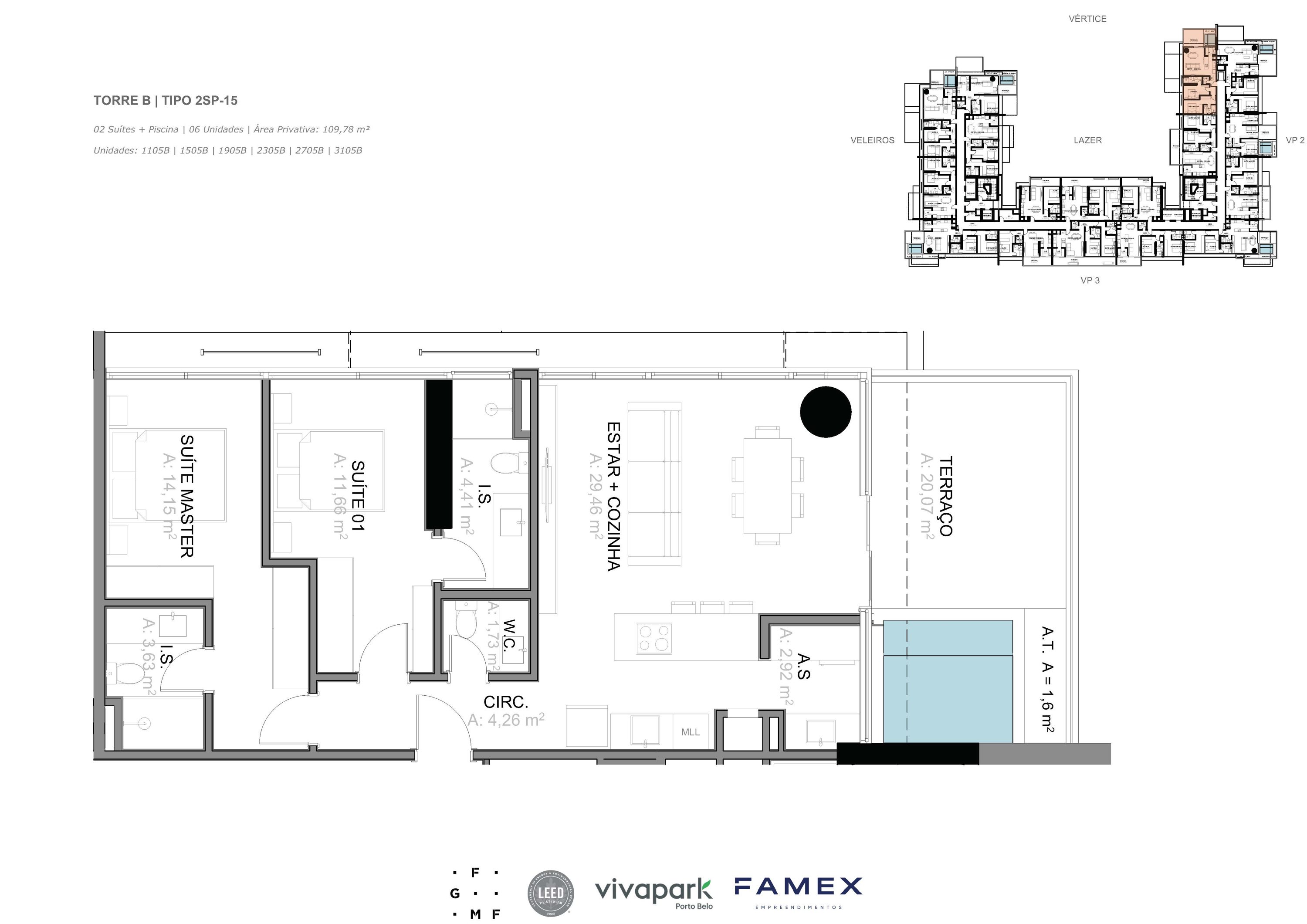 Torre B · Tipo 2SP-15 · 02 Suítes + Piscina · 109,78 m² · VITTA 27 · Vivapark Porto Belo