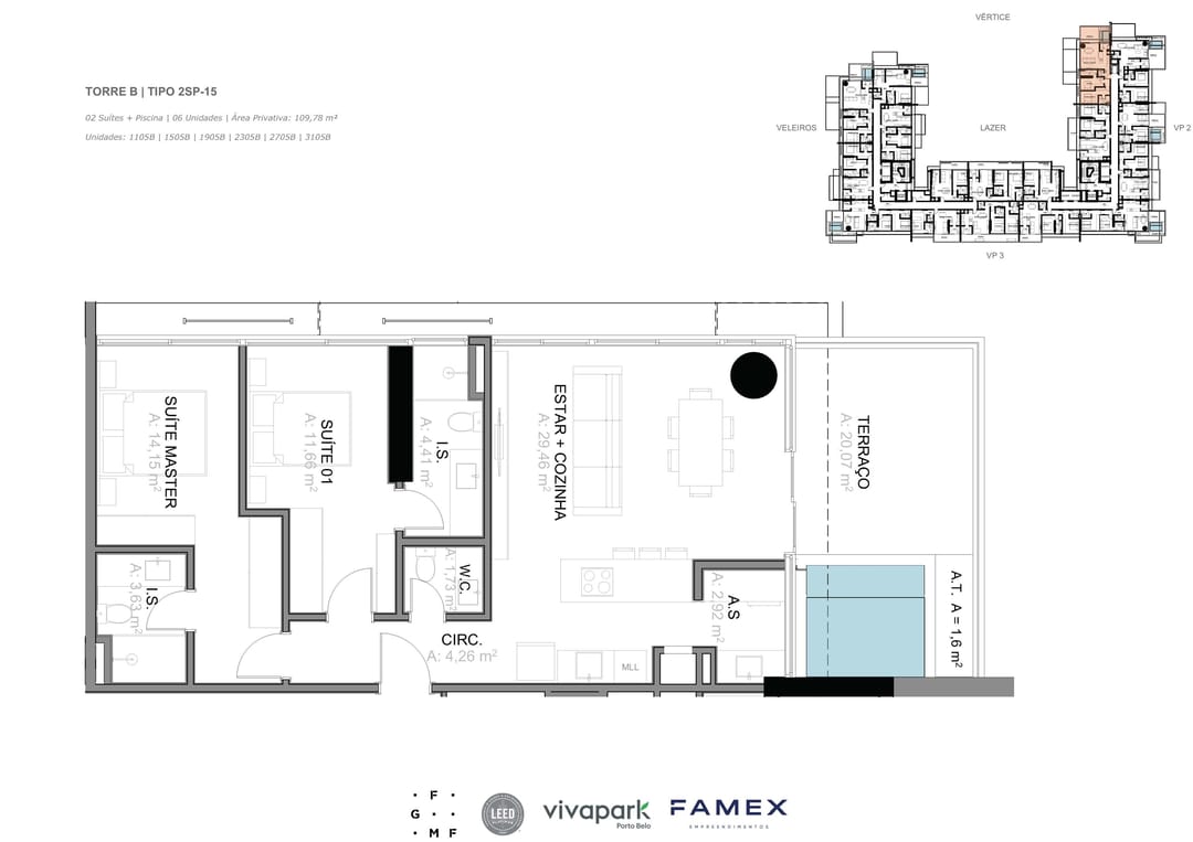 Torre B · Tipo 2SP-15 · 02 Suítes + Piscina · 109,78 m² · VITTA 27 · Vivapark Porto Belo