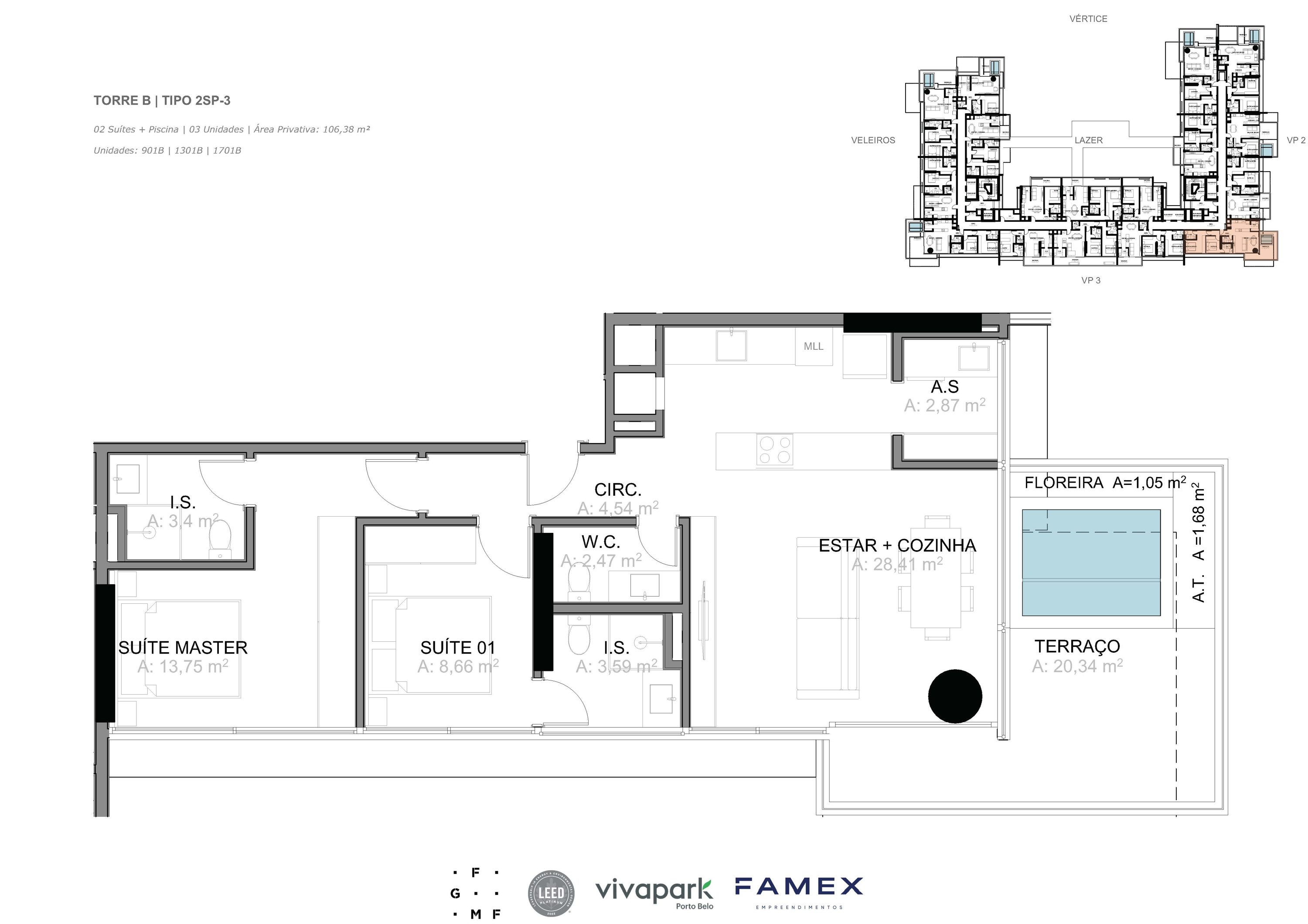Torre B · Tipo 2SP-3 · 02 Suítes + Piscina · 106,38 m² · VITTA 27 · Vivapark Porto Belo