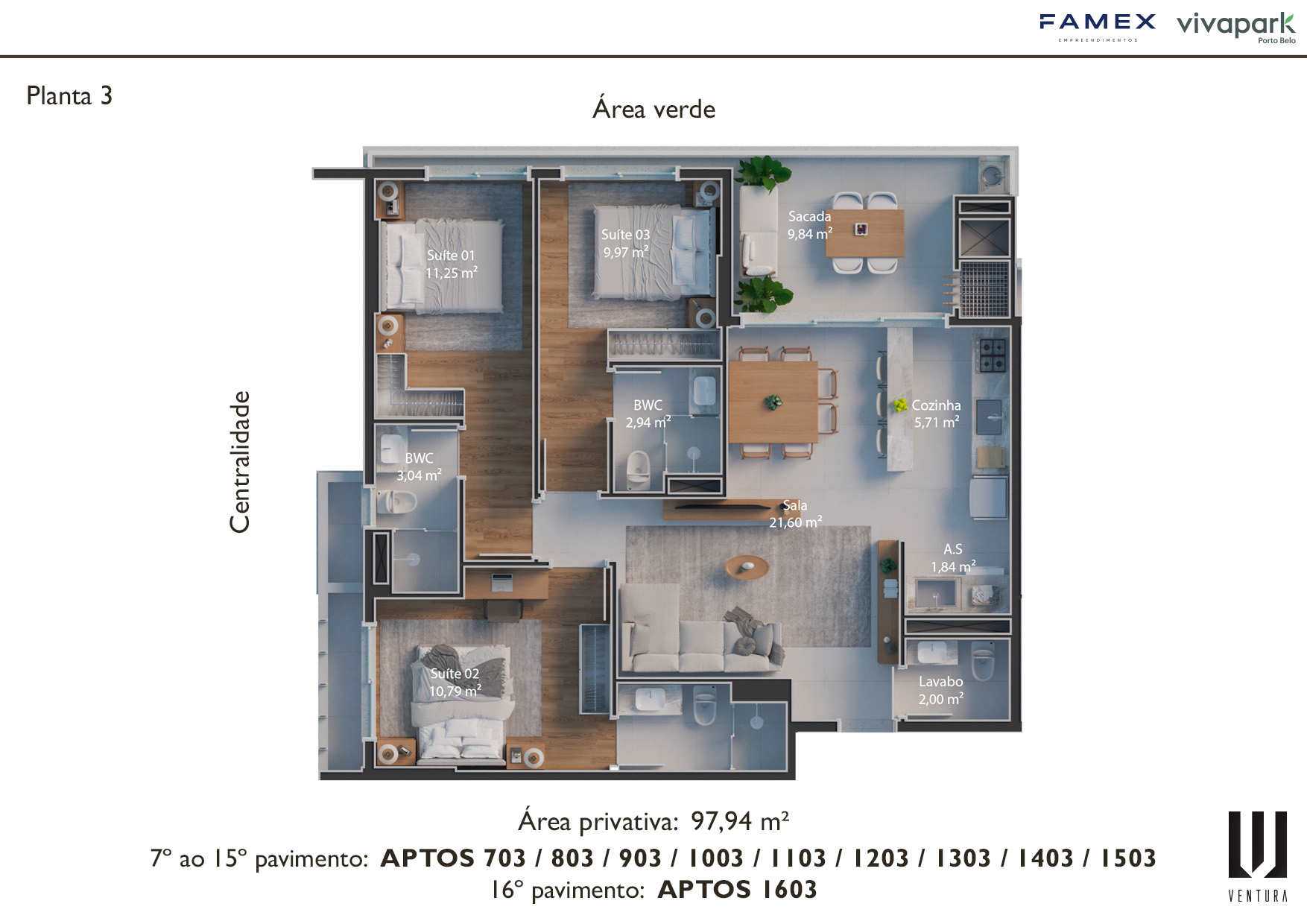 Planta 3 · finais 03 (703 ao 1503, 1603) · 97,94 m²