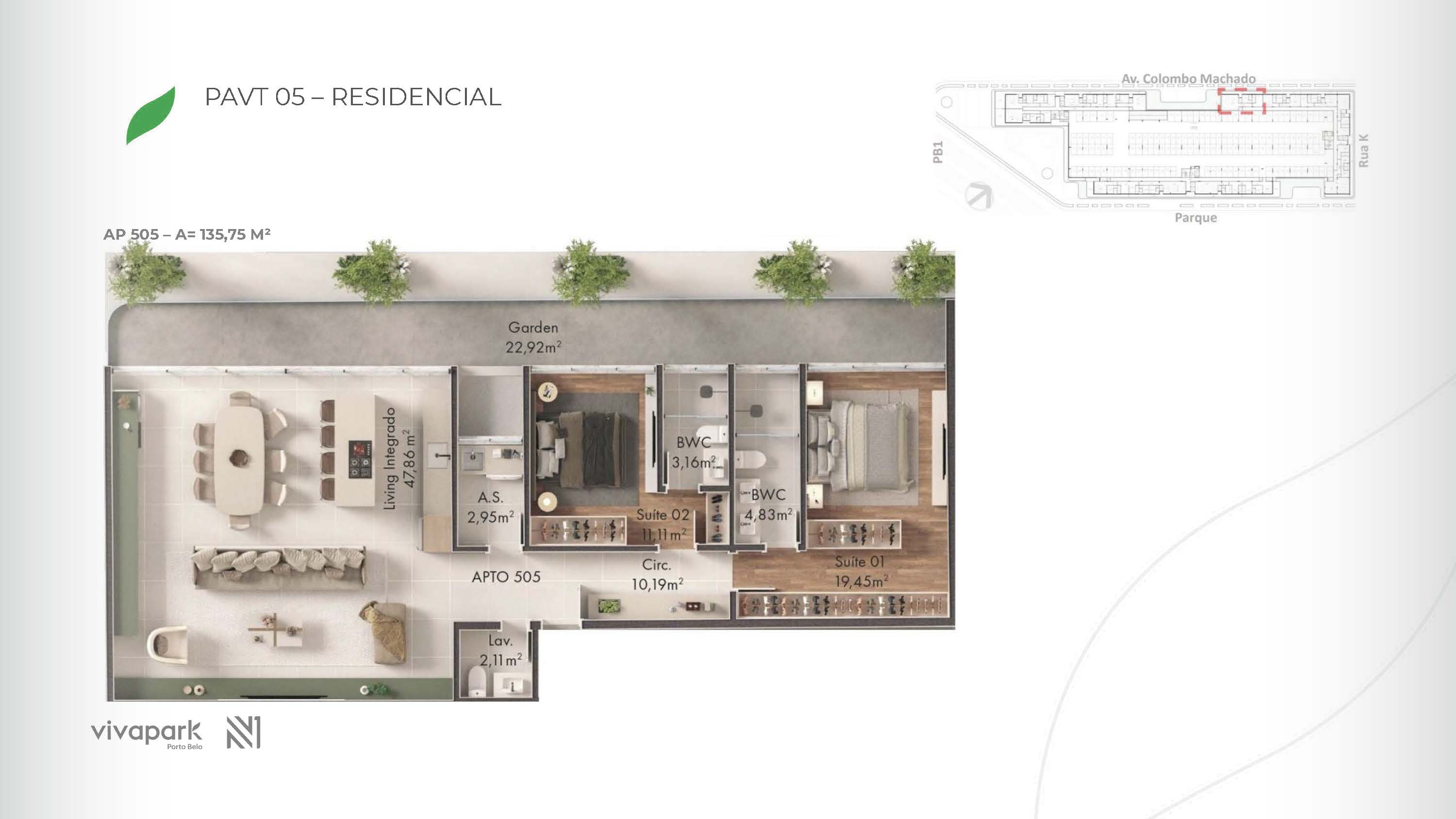 Base · Apt 505 · rendered floor plan · Vision · Vivapark Porto Belo